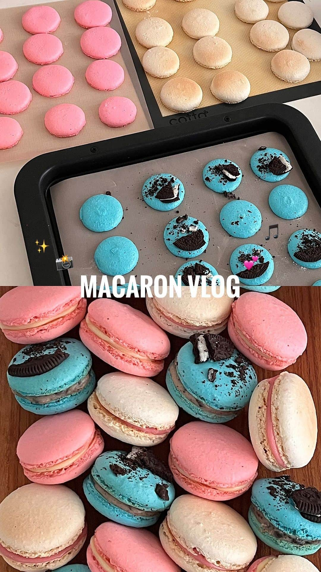 ミルのインスタグラム：「macaron vlog🍪🩷✨🎵💙（レシピ付） ⁡ 【macaron】7-8 35g Powdered sugar 35g Egg white 35g Almond poodle 40g Granulated sugar ⁡ 【ganache】 Strawberry ganache 　50 g strawberry chocolate 　30ml fresh cream ⁡ Vanilla ganache 　45 g white chocolate 　30ml fresh cream ⁡ Oreo ganache 　45 g white chocolate 　30ml fresh cream 　3 Oreo slices (as needed) ⁡ ✨マカロン7~8個分（動画では3回作ってます！） 卵白　35（卵Mサイズ1個分） 粉糖　35g アーモンドプードル 35g グラニュー糖　40g ⁡ ・着色料（ジェルタイプ） ⁡ 【ガナッシュレシピ🍫】 ・いちごガナッシュ 　いちごチョコ　50g 　生クリーム　30ml ⁡ ・バニラガナッシュ 　ホワイトチョコ　45g 　生クリーム　30ml ⁡ ・オレオガナッシュ 　ホワイトチョコ　45g 　生クリーム　30ml 　オレオ　3枚（適量） ⁡ 作り方やコツはYouTubeで説明しています🥹✨ 是非遊びに来てください🥲 My YouTube channel 🔍 @____tkym_m____  ⁡ ⁡  ⁡ ⁡ #макаронс #макарон #макаруны #macarons #italianmeringue #macs #macaron #macaroon #redmacarons#マカロン #cakedesign #케이크#케이크주문제작 #케이크맛집 #cakedesigner #cakeart #cakedecorator#誕生日ケーキ#birthdaycake#手作りお菓子#簡単お菓子作り#asmr#vlog#رامين#عشاء#맛있는#맛있는녀석들」