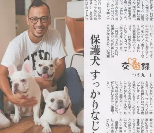 つの丸のインスタグラム：「本日読売新聞の夕刊の「交遊録」にピートくんたちと登場しております。ピートくんのフォトジェニックぶりをぜひご覧ください。全4回の1回目です。  #ペット交遊録 #frenchbulldog #フレンチブルドッグ #ふがれす #ふがふがれすきゅークラブ #保護犬 #保護犬を家族に #保護犬を家族に迎えるという選択肢 #フレ吉124号」