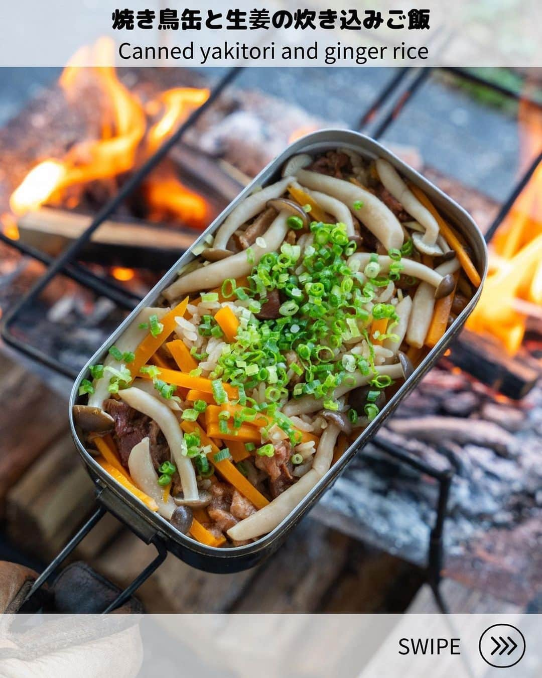 さーやんのインスタグラム：「焼き鳥缶と生姜の炊き込みご飯🫚🍚 　 炊き込みご飯が 美味しい時期になってきました😋 　 生姜で内側から身体もポカポカ🙌 　 　 ▫️材料 ・焼き鳥缶　　1缶 ・生姜　　　　1/2かけ ・にんじん　　1/4 ・お米　　　　1合 ・水　　　　　180cc ・しめじ　　　適量 ・刻みネギ　　適量 ⭐︎醤油　　　　大さじ1 ⭐︎みりん　　　大さじ1 ⭐︎酒　　　　　大さじ1 　 　 ▫️作り方 ①研いだお米と水をメスティンに入れ 　30分浸水する。 ②生姜とにんじんを細切りにする。 ③ ⭐︎ の調味料を入れ軽く混ぜる。 ④生姜、にんじん、焼き鳥缶も入れ 　軽くほぐす。 ⑤炊飯して10分蒸らし、 　蓋を開け刻みネギをかけたら完成✨ 　 　 ⏬その他レシピはこちらから @___saaayan___  　 　 　 　 #キャンプ #キャンプ飯 #キャンプ料理 #キャンプ飯レシピ #キャンプご飯 #キャンプコーデ #キャンプ女子 #メスティン #メスティン飯 #メスティンレシピ #アウトドア #アウトドア料理 #アウトドア女子 #簡単レシピ #レシピ #料理 #炊き込みご飯 #炊き込みご飯レシピ #camp #camping #camplife #outdoor #outdoorlife #露營 #露營生活 #캠프닉 #캠핑」