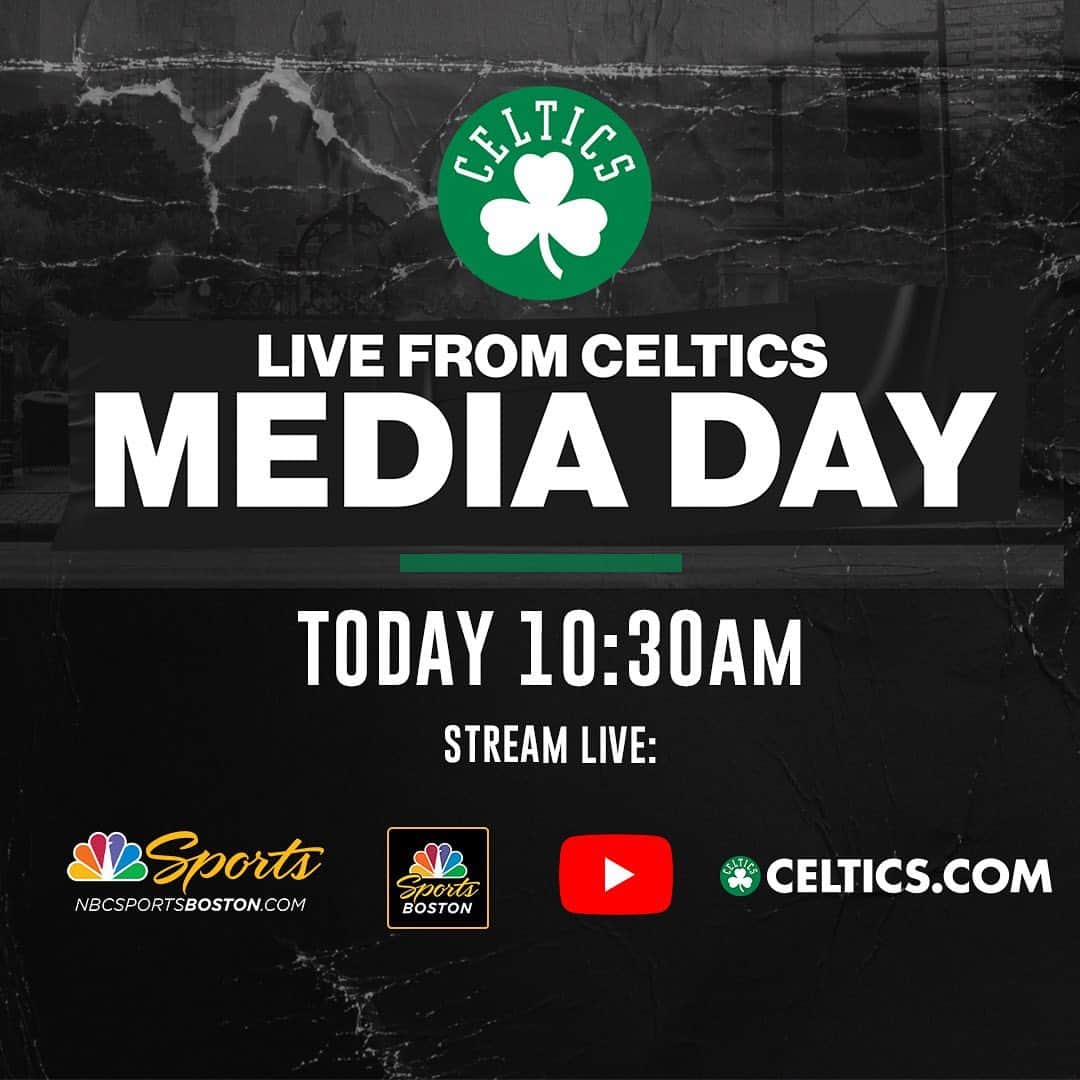 ボストン・セルティックスのインスタグラム：「Good Morning & Happy Celtics Media Day ☕️ Link in bio!   Exclusive Interviews, Press Conferences & more! Don't miss a minute! ☘️」