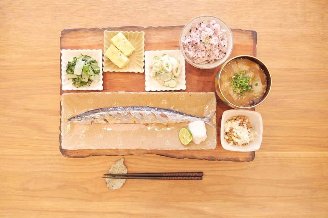 のインスタグラム：「*** 今日のごはんでした。  さんま しろ菜のごま和え だし巻きたまご 竹輪ときゅうりのからしマヨ和え ネギだく納豆 白菜としめじのおみそ汁 雑穀米ごはん  遅くなってしまったけど 今日からジャンピングロゴTシャツ 発送が始まっています！！ 私もうほぼ毎日着てるから みんなとおソロで幸せ👕✨  また明日ね、おやふみ🍀」