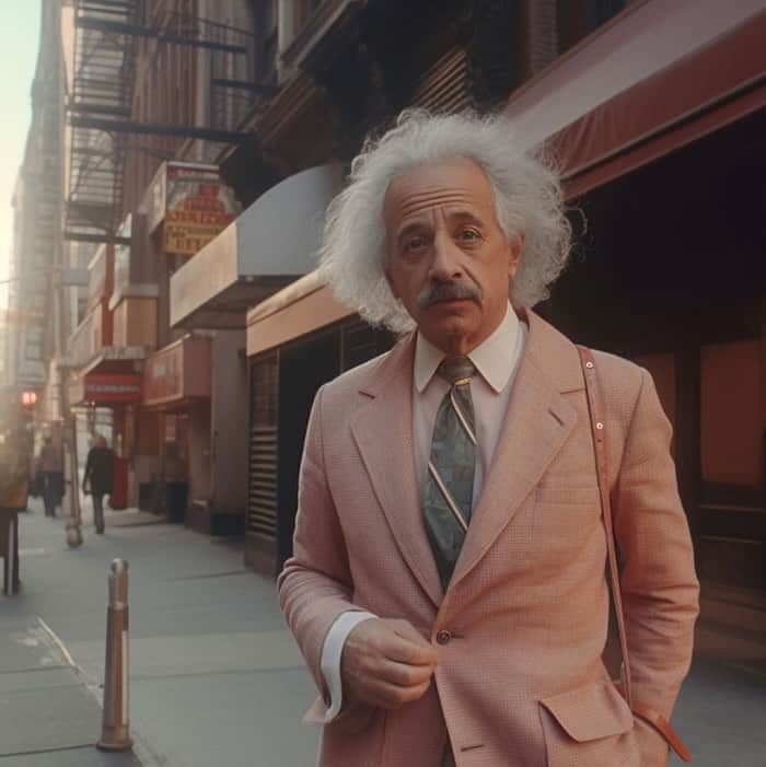 アルベルト・アインシュタインのインスタグラム：「This is not an actual photo of Einstein. An artist put this incredibly specific prompt into an artificial intelligence system: 1960s street style photo of Einstein in Soho New York, wearing Giorgio Armani suit, sunset, shot on Agfa Vista 200, 4k.  See more AI photos of Einstein here: https://www.instagram.com/magicmidjourney/ @magicmidjourney」
