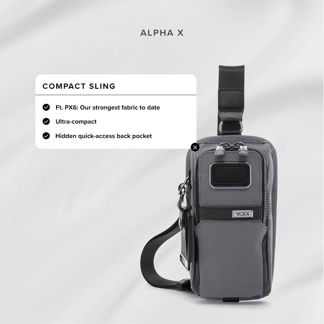 のインスタグラム：「Keep compact essentials protected with this modern take on the sling. It’s expertly crafted from PX6, our most durable, high-performance fabric to date.   #TUMIAlpha」