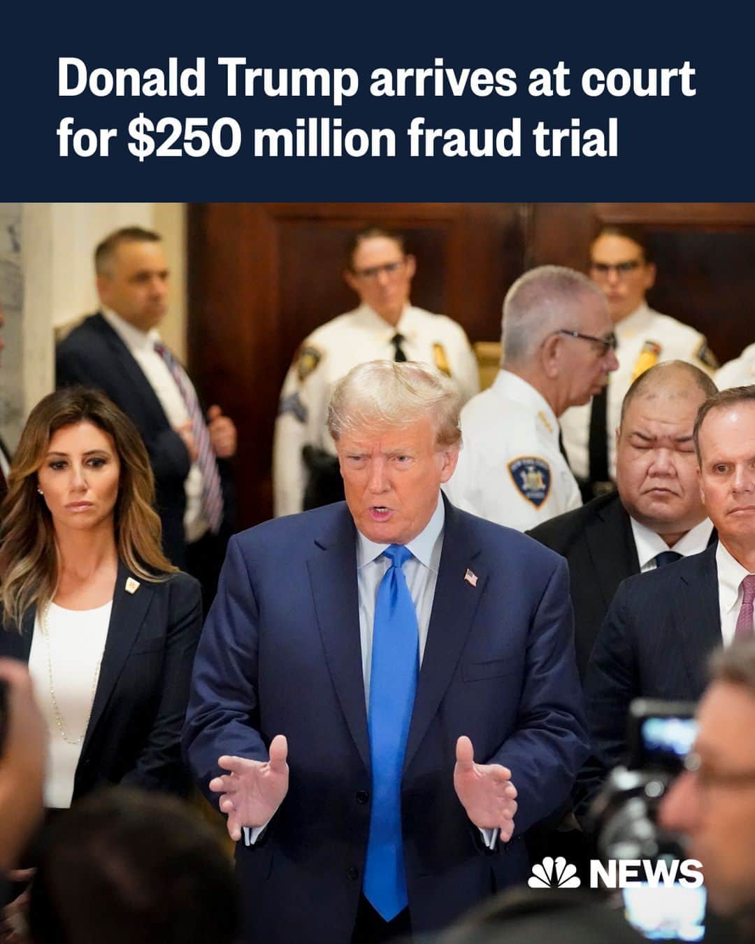 NBC Newsのインスタグラム：「A $250 million fraud lawsuit brought by New York Attorney General Letitia James against former President  Trump, his company and his two adult sons is set to go to civil trial today.  The case, which could last almost three months, will be decided by Judge Arthur Engoron.  Trump is accused of misrepresenting his net worth to the tune of billions. He said he plans to appear in court today "to fight for my name and reputation."  Speaking to reporters ahead of the trial, James said that "no one is above the law."  Get live updates at the link in bio.  📷️ Seth Wenig / AP」
