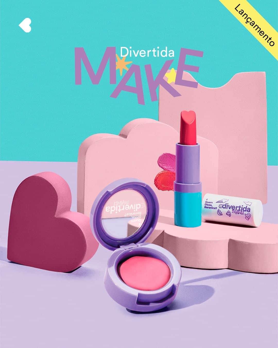quem disse, berenice?のインスタグラム：「chegou a linha Divertida Make que vai proporcionar brincadeiras e diversão para as crianças a partir de 3 anos! quem tá pronto para se divertir? 👀 #DivertidaMake   #PraTodosVerem: o post é único com a cor de fundo azul claro um coração e uns acessórios de apoio em uma mesa com o Batom e o Blush da nova linha Divertida Make com o texto "Divertida Make" e uma tag de lançamento. Fim da descrição.」