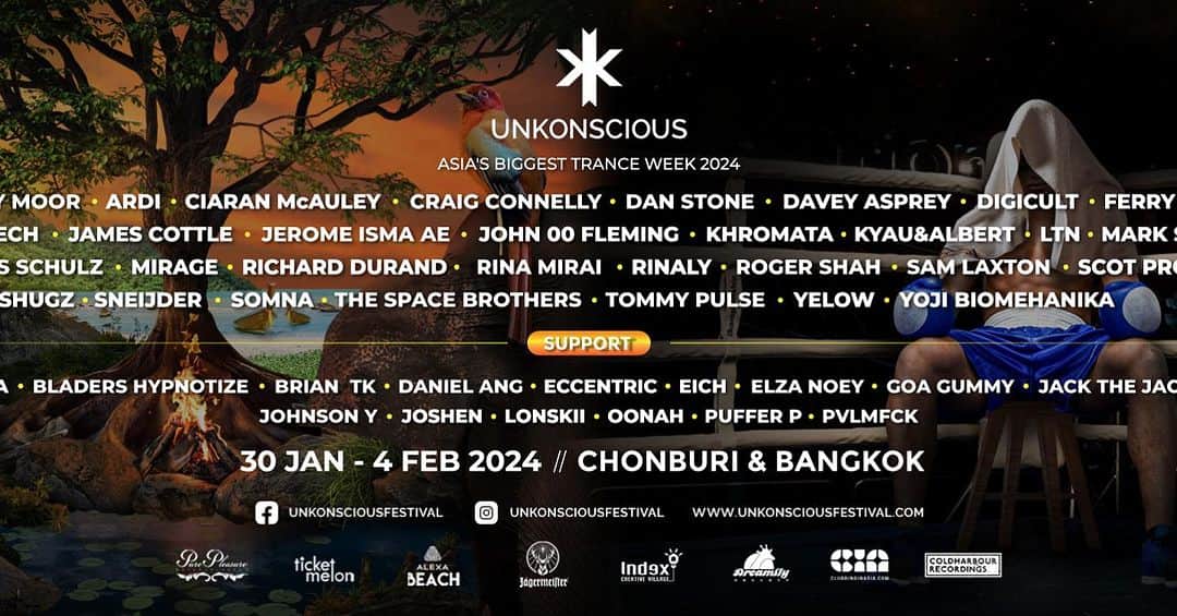 YOJI BIOMEHANIKAのインスタグラム：「31 internationals Djs and 15 regional supporting djs for the asia’s biggest trance week in 2024. 31組のインターナショナルDjが集結！タイ・パタヤで、アジア最大のトランス週間が来年２月に開幕！！！ unkonsciousfestival.com」