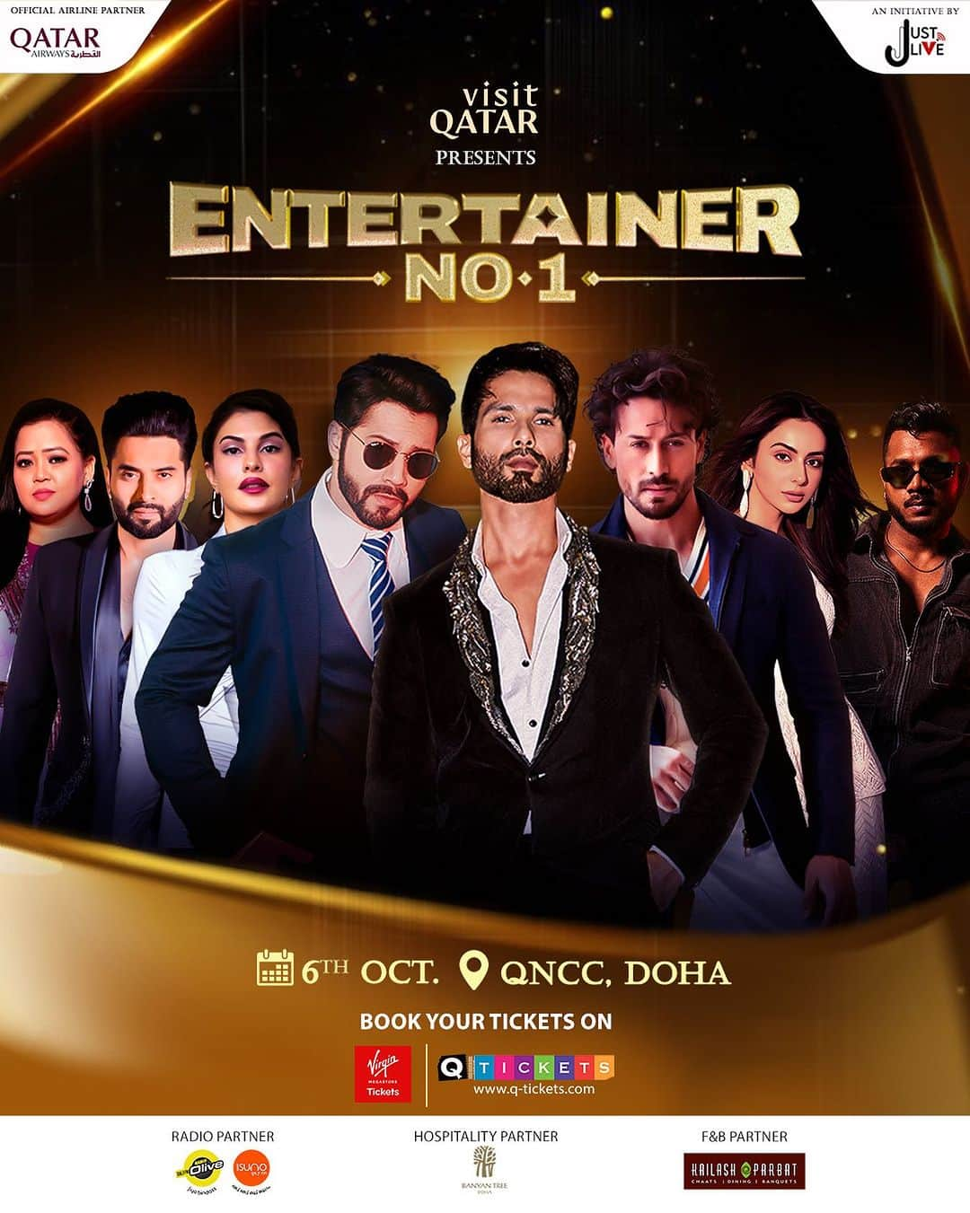 シャーヒド・カプールのインスタグラム：「Counting down the days until I see you all in Doha! It’s definitely going to be an unseen celebration of Bollywood magic. Let’s make this EPIC 💫  Experience an unforgettable night of entertainment and Bollywood magic at @visitqatar presents #EntertainerNo1, an exciting initiative by Jjust LIVE✨ on 6th October at QNCC, Doha  Get your tickets NOW! (Link In Bio)  @jjustliveofficial @qatarairways @radioolive.qa @virginmegastoretickets @qtickets_qtr @qatarcalendar @radiosuno @jackkybhagnani @shyamc26 @iloveqatar @lovindoha @qatarliving @banyantreedoha @kailashparbatdoha   #JjustLive #EntertainerNo1 #Qatar #Doha #BollywoodNight #BollywoodMagic #QatarEvent2023 #FirstTimeInQatar #VisitQatar」