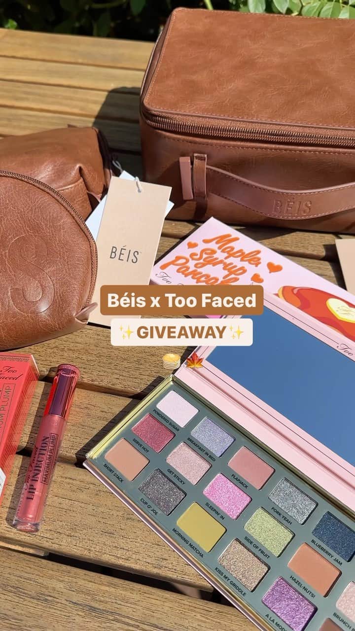 Too Facedのインスタグラム：「🥞🤎 GIVEAWAY 🤎🥞 We’re SO excited to partner with @beis to give 2 lucky babes the ultimate MAPLE Prize Pack!   Prize Pack: @toofaced Maple Syrup Pancakes Eye Shadow Palette, Lip Injection Maximum Plump shade Maple Syrup Pancakes and The Cosmetics Case in Maple and The Cosmetics Pouch Set in Maple from @beis  HOW TO ENTER: ✨ Like & Save This Post ✨ Follow @toofaced and @beis  ✨ Tag 2 of your besties (they must be following too!) ✨ For additional entries, comment a 🤎 on both of our most recent posts!  (US & INT) Giveaway ends 10/4/23 at 11:59 PM PST & the winners will be chosen on 10/5/23 via DM by the official @toofaced account! Terms & Conditions on toofaced.com GOOD LUCK! 💖 #toofaced #tfcrueltyfree #giveaway」