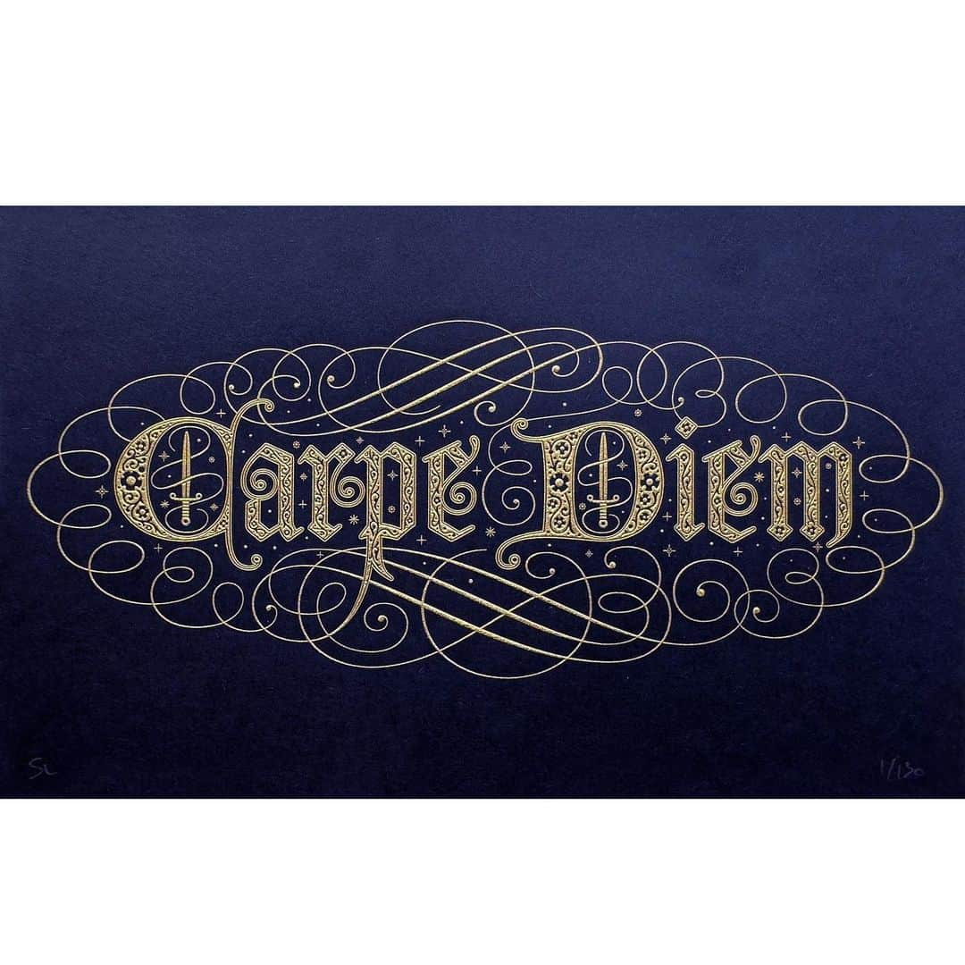 Seb Lesterのインスタグラム：「These ‘Carpe Diem’ (‘Seize The Day’ in Latin) mini-prints got lost in the shuffle with the ‘Memento Mori’ launch last week but they’re now available. Gold on Midnight Blue, the third and final colourway I have. £23 (about $28 US / €26.50) plus postage. Signed limited edition of 130. Details at seblester.com/shop — link in profile. #carpediem #seizetheday #lettering #seblester」