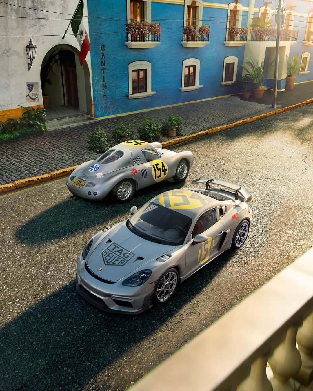 Porscheのインスタグラム：「Legends of Panamericana. Inspired by the legendary 550 Coupé and built in collaboration with Porsche Latin America, the 718 Cayman GT4 RS Carrera Panamericana Special will compete at this October’s Carrera Panamericana in Mexico. Don’t miss Porsche and @TAGHeuer brand ambassador, Patrick Dempsey, behind the wheel for two thrilling stages.  718 Cayman GT4 RS: Fuel consumption combined: 13.2 |/ 100 km; CO2 emissions combined: 299 g/km (WLTP) I https://porsche.click/DAT-Leitfaden I Status: 09/2023」