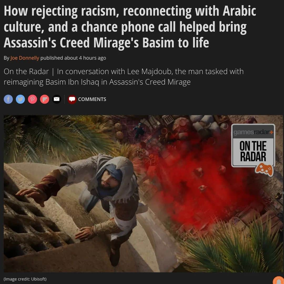 リー・マジャブのインスタグラム：「A deep interview with Games Radar about playing Basim in Assassin's Creed Mirage & my journey with identity. 🦅🤍⚔️ #AssassinsCreedMirage #AssassinsCreed  Link in story ♡」