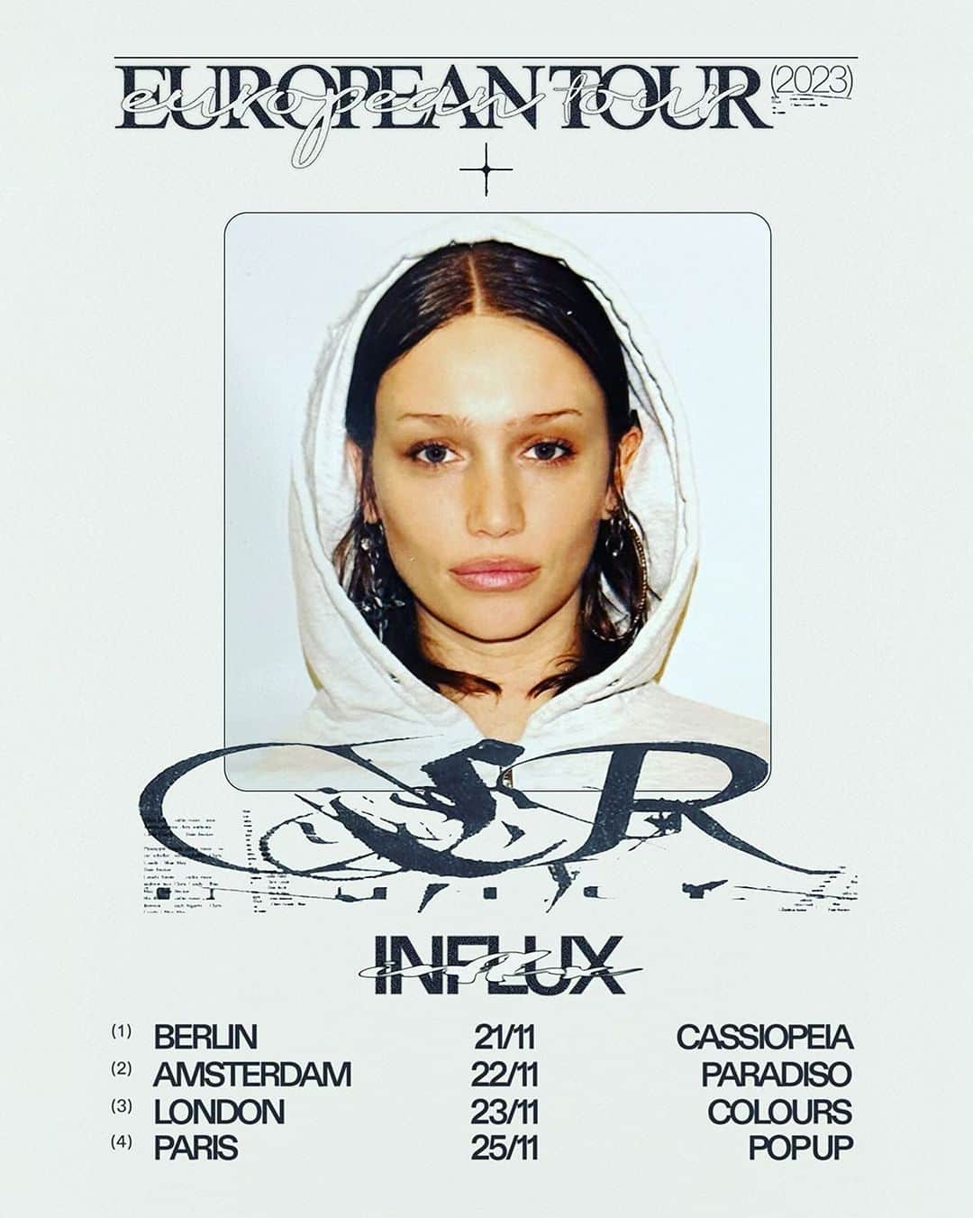 ケイリン・ルッソのインスタグラム：「Here’s a clean flyer to share with all the homies. INFLUX EUROPE LETS GO ⚠️」