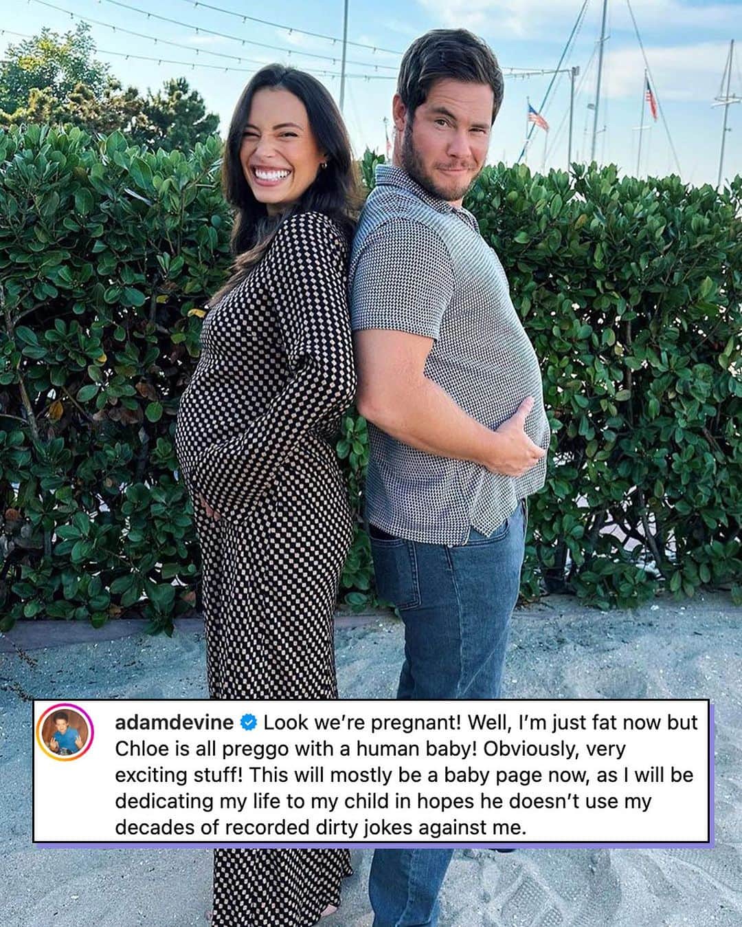 E! Onlineさんのインスタグラム写真 - (E! OnlineInstagram)「This little family is bumpin' along. 🍼 #PitchPerfect star Adam Devine and Chloe Bridges are expecting their first baby together. See their aca-amazing announcement in our bio. (📷: Instagram)」10月3日 4時32分 - enews