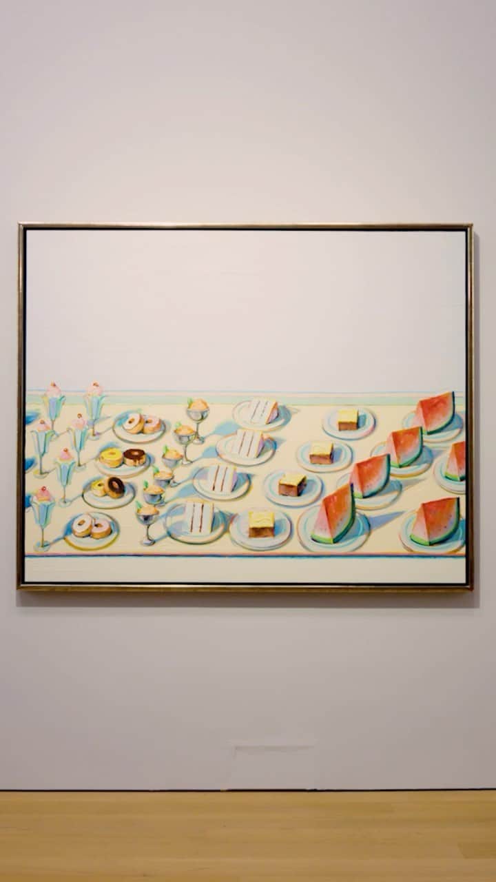 クリスティーズのインスタグラム：「A sweet addition to the 20th Century Evening Sale in New York  A titan of American paining, Wayne Thiebaud combines images from popular culture and memory with a decided affinity for the painterly tradition. Painted in 1996, ‘Dessert Table’ continues the artist’s most-celebrated confections series that debuted in the early 1960s, while showcasing on a grand scale Thiebaud’s ability to infuse everyday subjects with a formal richness and artistic delight. Realized when the artist was 76 years old, this canvas speaks to his mastery of paint, a lifelong commitment to his personal iconography and its ability to relay more than mere sentimentality.  One of the largest confections paintings within Thiebaud’s ouevre, ‘Dessert Table’ presents sundaes in fluted glasses, dripping donuts set in pairs, orange sorbets with green mint leaves, two rows of tantalizing cakes, and a bevy of large red and green watermelon slices marching across the plane as if on a conveyor belt. The thick application of paint gives each treat a physicality that resonates both with the reality of frosting as well as the emphasis on material and the artist’s hand so prized by Modernist critics.  Christie’s is thrilled to offer the exquisite work as a highlight of our 20th Century Evening Sale. View ‘Dessert Table’ in our Hong Kong Galleries 4-6 October!  20th Century Evening Sale | New York | 9 November」