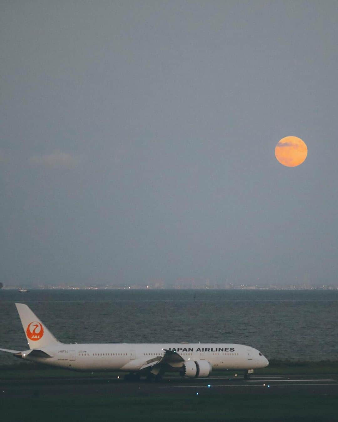 久林紘子のインスタグラム：「お初の中秋の名月＆飛行機撮影🌕✈️ ⁡ 今年は中秋の名月と満月が重なるタイミング✨ (次は7年後👀) ⁡ ⁡ ⁡ 𝗔𝗯𝗼𝘂𝘁 𝗣𝗶𝗰𝟬𝟰＆𝟬𝟲 “月丼“ _____________________ 月が昇り始めの方が月が大きいので狙いやすいのだけど、、この日は曇で、地平線上の雲が厚くて月が見え出したのが途中からだったので、月丼撮影はそこからの時間勝負⏳ そして飛行機の経路によって、必ずしも月の前や上下を通らない。 しかも月がある程度の高さまで行ってしまうと飛行区域でなくなってしまうので、月が昇り始めてから飛行範囲までも勝負💪 ⁡ この日は午後から南風だったそうで月丼が撮れたのですが、もし北風だったら飛行機の離陸の向きが逆になるので飛行機と月を絡めて撮ることができなかったそう。(羽田空港第一ターミナルの場合) ⁡ そんな奇跡的条件も重なり、 フライトレーダーを聞きながら色々とアドバイスしてくださった周りの方々のお陰もあり、 月丼を撮ることができました📸🤍 ⁡ 飛行機も動く、月も動いていくので難しかった〜🫨 ⁡ 自分一人だったら絶対、羽田空港にまで撮りに行かないし、飛行機写真にも無縁だったので 強制的に自分の専門外の環境に身を置いてみることは、全く関係なさそうでいて、実はすごく大事だな💡と改めて。 ⁡ 一見関係なさそうな学びの積み重ねが、スタイリングや物撮り写真の表現に厚みを増してくれると信じて、日々精進デス🫡 ＿＿＿＿＿＿＿＿＿＿＿＿＿＿＿ #月丼 #中秋の名月 #十五夜の月 #飛行機撮影 #羽田空港 #エクステンダー欲しい#canoneos5dmarkiv #canon70200f28 #shotoncanon5dmarkiv #hanedainternationalairport」