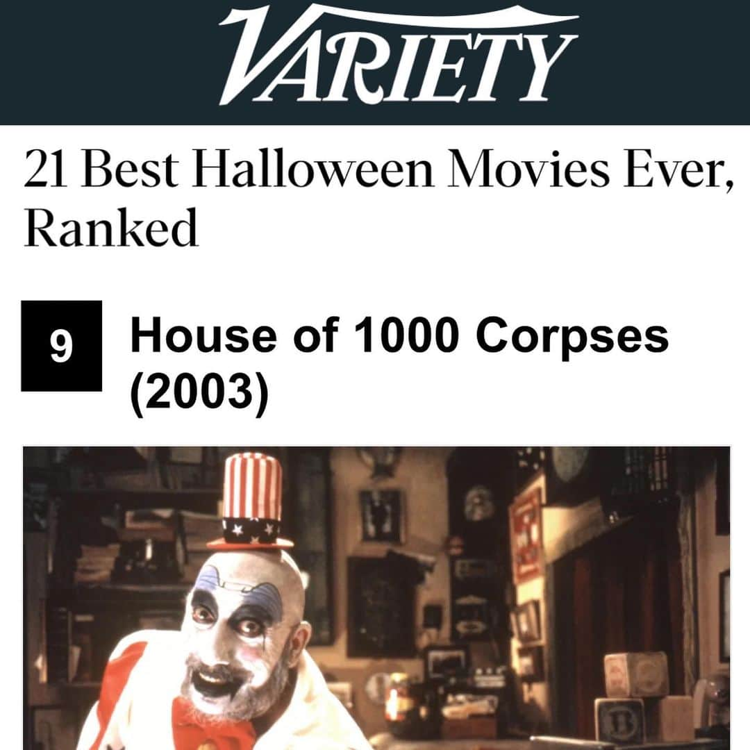 ロブ・ゾンビのインスタグラム：「This is a nice surprise today. 🔥 Don’t forget to get your tickets to see it back on the big screen for two days OCTOBER 8th and OCTOBER 11th. 🎃 link in bio☠️ #variety #houseof1000corpses」