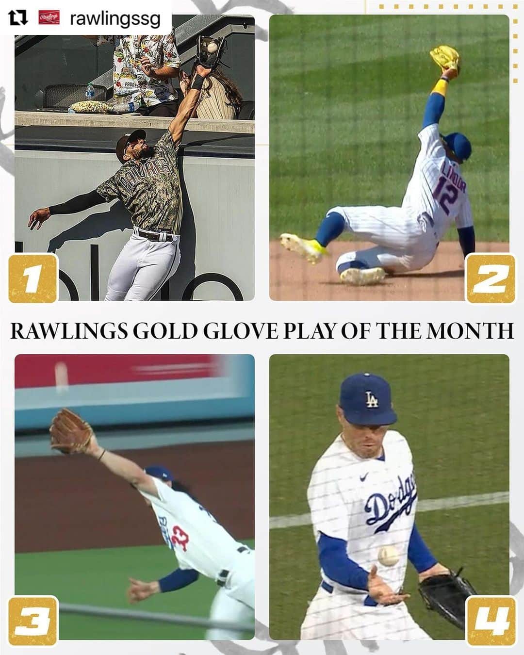 Rawlings Japanのインスタグラム：「#Repost @rawlingssg with @use.repost ・・・ The September Gold Glove Play of the Month is here! Vote on our story now to decide which #TeamRawlings athlete had the best play! #GGPOTM #ローリングス  #守備 #グラブ #野球 @rawlings_japan_llc」