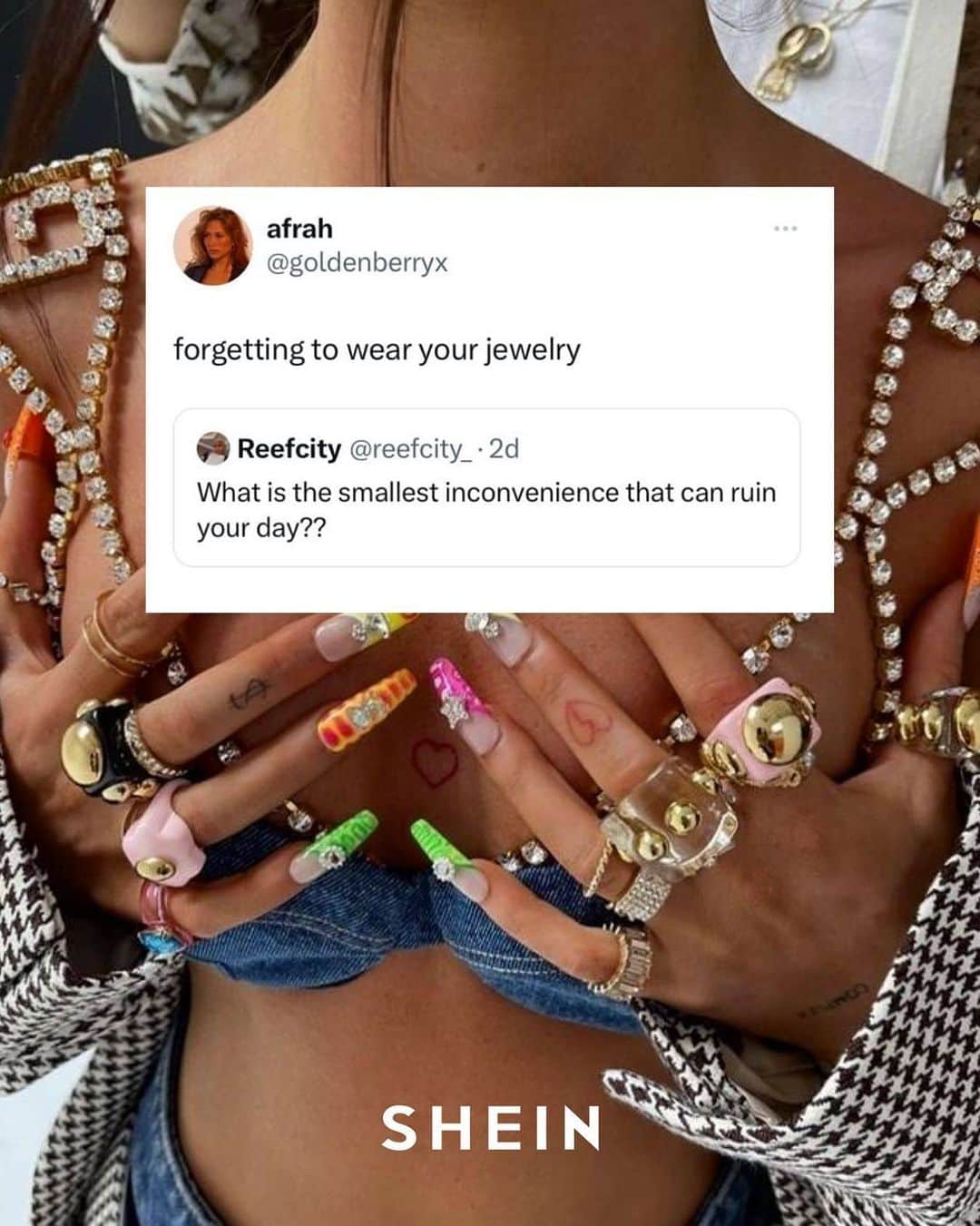 SHEINのインスタグラム：「Forgetting to bring the bling?? Day: ruined 😭💍👜  #SHEINinspo」