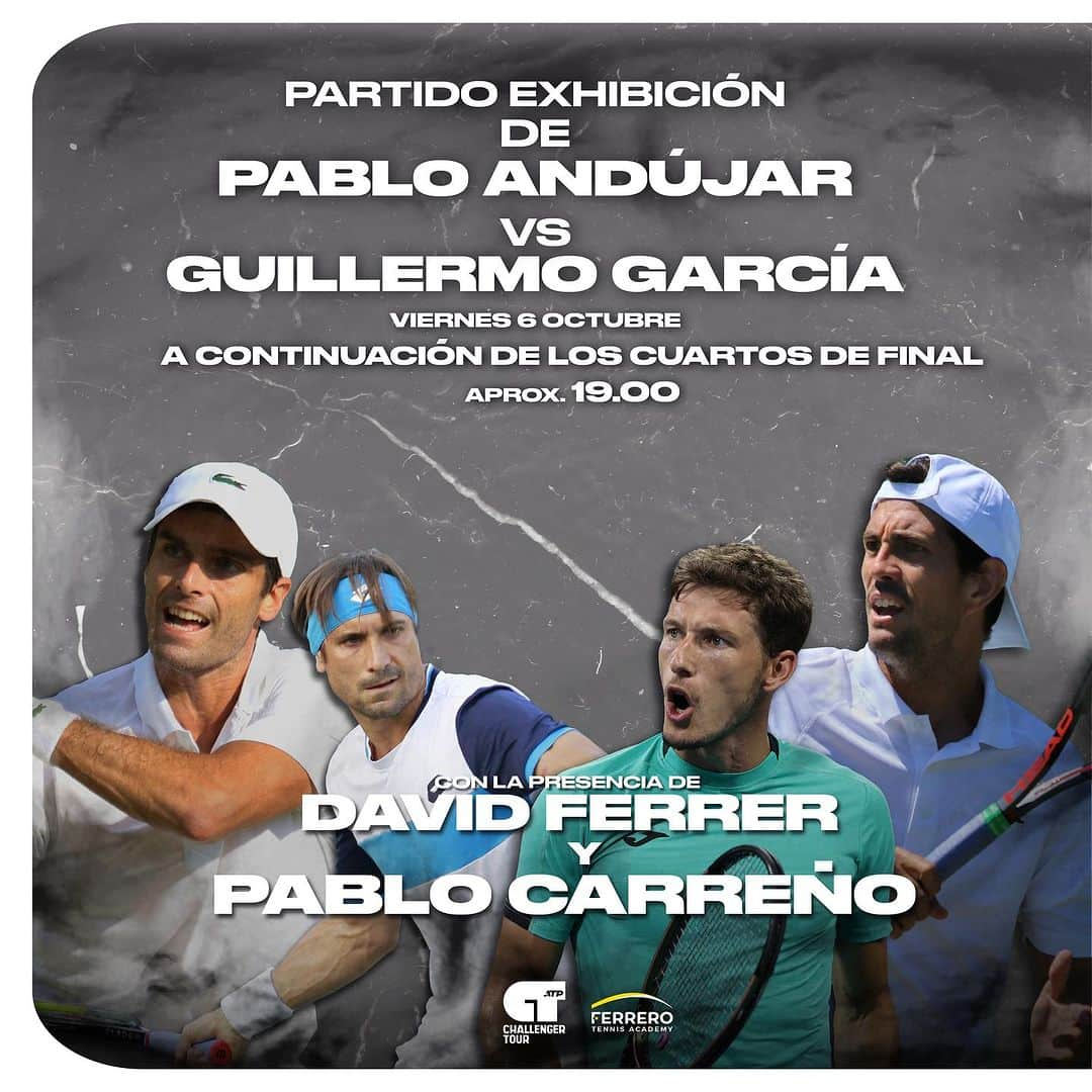 パブロ・アンドゥハルのインスタグラム：「LEGENDS ARE BACK🔥  We’re excited to announce the exhibition match with legends of tennis well related to the Academy!💥  We’re about to make a tribute to Pablo and Guillermo with the presence of David Ferrer and Pablo Carreño🙌🏻 We will enjoy a doubles match with them😍  This Friday around 7 pm we’re waiting for you at Ferrero Tennis Academy!🏡  You can’t miss it!🔝  #atpchallenger #alicanteferrerochallenger」