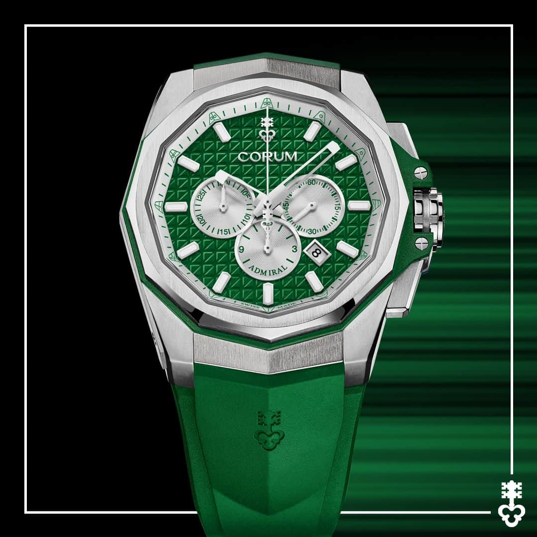 コルムのインスタグラム：「Fusing the spirit of sport and glamour, the Admiral is characterized by its instantly recognizable 12-sided case and nautical pennants on the dial.  A niche novelty, the Admiral 45 Chronograph in green, is limited to 100 pieces worldwide.  (Ref. A132/04275)  #Corum #CorumWatches #CorumAdmiral」