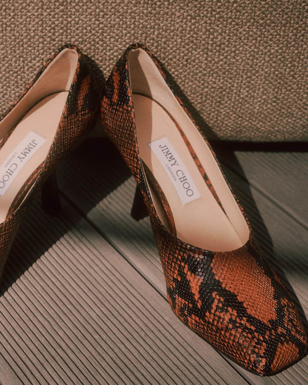 The Outnetのインスタグラム：「Embrace autumnal tones the right way with these square-toe heels from @jimmychoo - the snake-effect is a must for any fashion hot stepper」