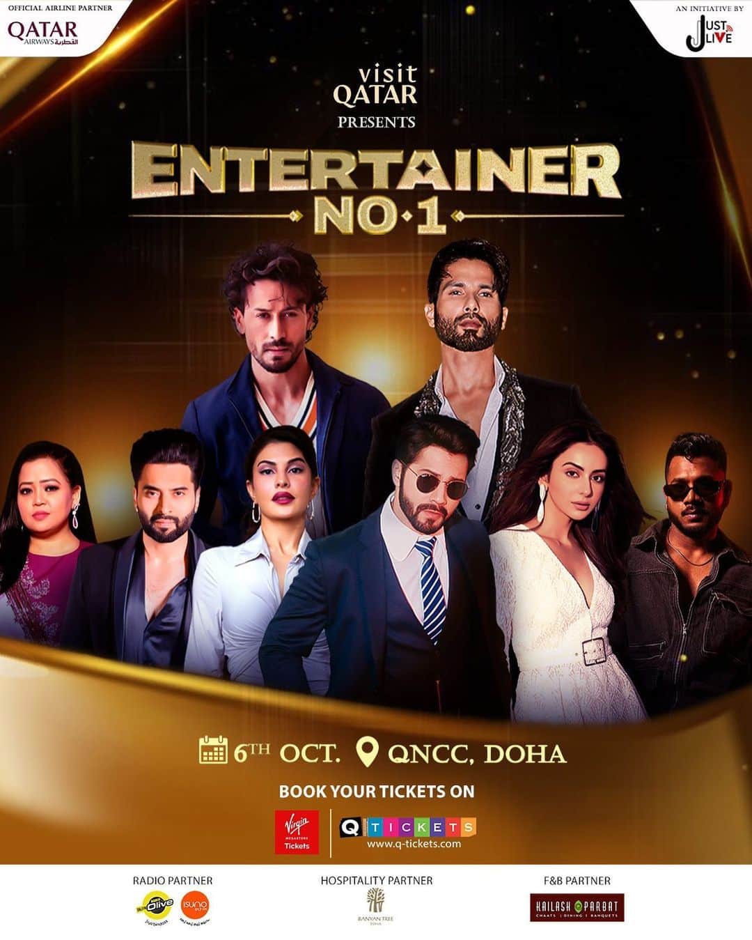 Varun Dhawanのインスタグラム：「I’m coming to doha with my friends to entertain you for night full of Jashn #EntertainerNo1 🌟🌠   Get ready for a night of pure Bollywood entertainment like never before exclusively at @visitqatar presents #EntertainerNo1, brought to you by @jjustliveofficial 💫 on 6th October at QNCC, Doha.    Grab your tickets NOW! (Link IN BIO)  @qatarairways @radioolive.qa @virginmegastoretickets @qtickets_qtr @qatarcalendar @radiosuno @jackkybhagnani @shyamc26 : #JjustLive#EntertainerNo1#Qatar#Doha#BollywoodNight #BollywoodMagic#QatarEvent2023#FirstTimeInQatar」