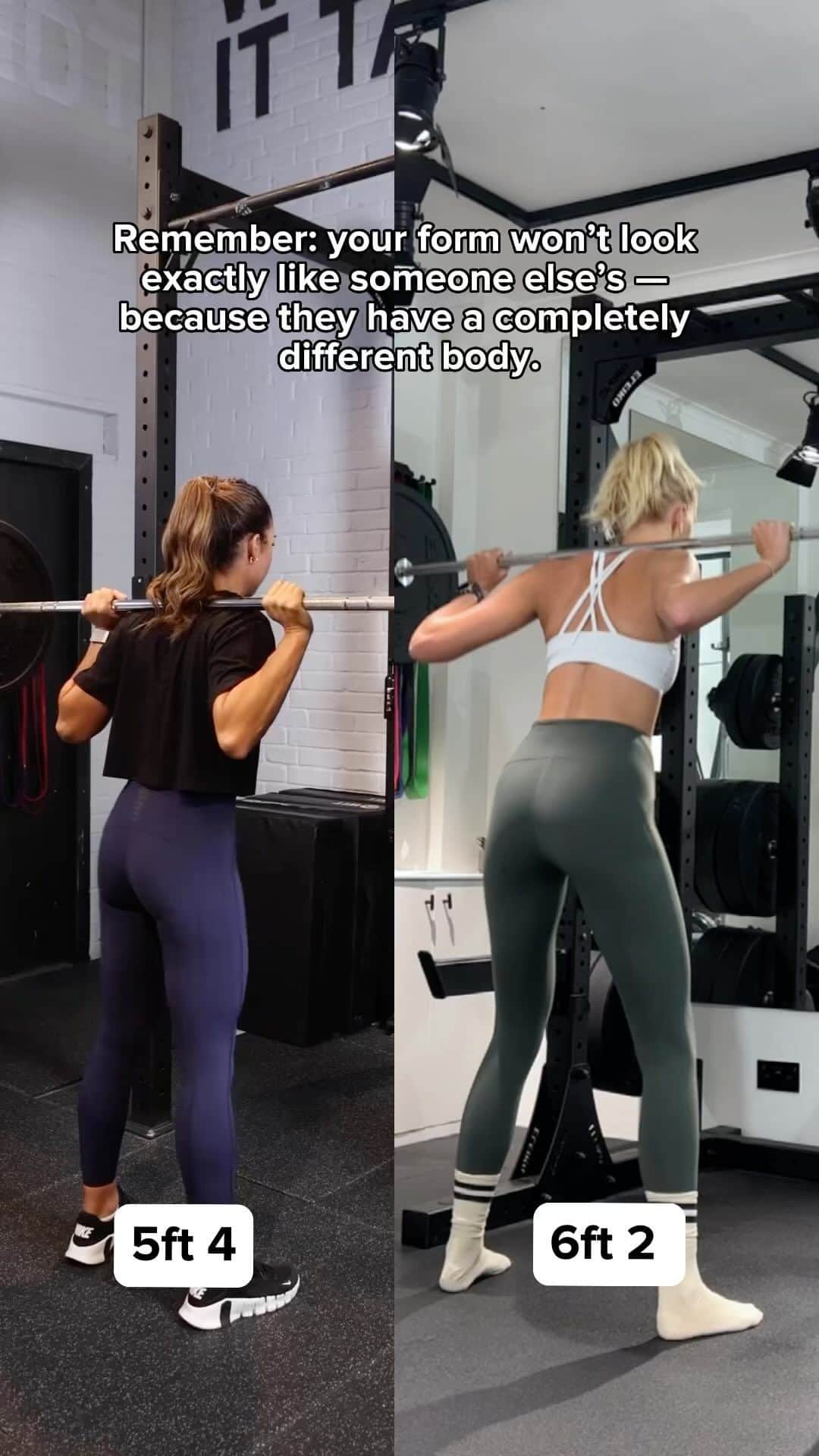 Zanna Van Dijkのインスタグラム：「While form when lifting weights is incredibly important  … “correct form” does not look the same on everyone.   @thefoodmedic & @zannavandijk are both moving safely & effectively but have different squat mechanics because of their differences in height and anthropometry.  And that’s fine!  The gym becomes less intimidating when you accept that your form may not resemble the person next to you — and it’s not supposed to.  #bestfriends #squat #form #technique #gymvideos #lifting」