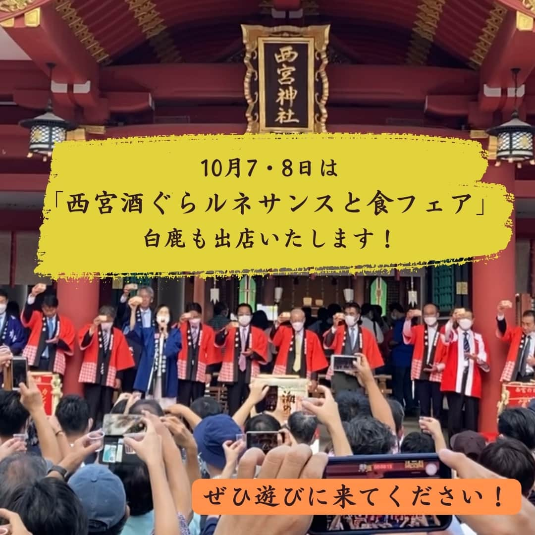 辰馬本家酒造株式会社(白鹿) のインスタグラム：「＼イベントのお知らせ📢／  10/7(土)、10/8(日) 西宮神社にて 「西宮酒ぐらルネサンスと食フェア」が開催されます！  白鹿もおすすめの商品をご用意してお待ちしておりますので、ぜひ秋晴れの日本酒を楽しみにいらしてください😊  【日時】 2023年10月7日（土）12:00～17:00 2023年10月8日（日）11:00～16:00  ※10月7日（土）12時～拝殿前にてオープニングイベント（津野山神楽・式典・酒造り唄・鏡開き・ふるまい酒・一斉乾杯）を行います。  【場所】西宮神社 ※サテライト会場（酒ミュージアム）でもイベント開催いたします！  ＝出店酒蔵＝　 日本盛、大関、德若、島美人、白鹿、灘一、寳娘、白鷹  詳細は公式イベントページをご覧ください。 https://n-cci.or.jp/sakagura/hanbaikai2023/  #西宮酒ぐらルネサンスと食フェア #西宮酒蔵ルネサンス #西宮酒ぐらルネサンス #酒蔵ルネサンス #十日会 #日本盛 #大関 #德若 #島美人 #白鹿 #灘一 #寳娘 #白鷹 #アサヒビール #西宮商工会議所 #日本酒で乾杯 #日本酒イベント #イベント #日本酒好き #ポン酒タグラム」