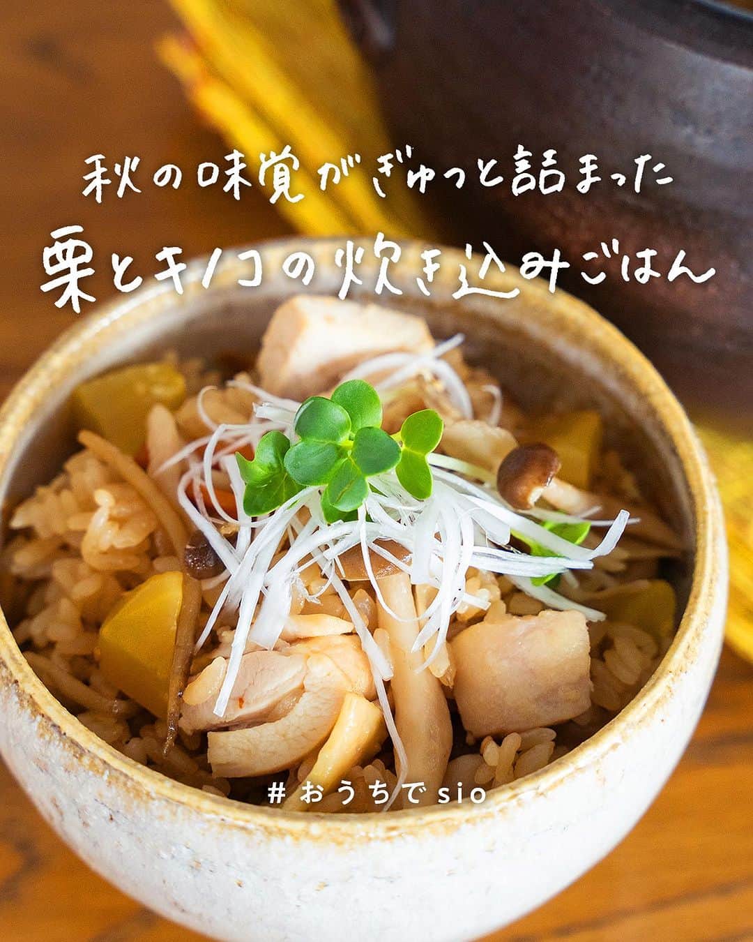 鳥羽周作のインスタグラム：「【秋の味覚がぎゅっと詰まった】栗とキノコの炊き込みごはん 旬の食材の旨味が詰まった、ほっこりする炊き込みご飯です。  -------------------------  材料 鶏もも肉　200g  A （出汁） 　水　　　300g 　醤油　　30g 　酒　　　20g 　ネギ頭　15g 　生姜　　10g 　塩　　　1g  米　　200g 出汁（鶏もも肉を火入れした後の出汁）　175g キノコ（舞茸やしめじなどお好みで）　40g 栗の甘露煮　50g きんぴらごぼう(市販の使用)　35g 白髪ネギ　適量 カイワレ　適量  作り方 ① Aを鍋に入れ火にかけ、一煮立ちしたら鶏もも肉を入れて蓋をし、弱火で10分ほど煮込んで鶏もも肉に火を入れる。  ② 鶏もも肉に火が入ったらバットに上げ、一口大にカットする。（残った出汁はとっておく）  ③ お米は洗って水で15分浸水させ、ザルで水気を切って15分乾燥させる。栗の甘露煮は1％の塩水で1分間茹で甘みをぬく。  ④ 茹でた栗は1/4にカットし、キノコは食べやすい大きさに手でさく。白髪ネギとカイワレは、一度水にさらし、ザルにあげ、しっかりと水気をとる。  ⑤ 鍋に乾燥させたお米、キノコ、栗の甘露煮、②の出汁を入れ強火で沸かす。 沸いたら蓋をし、弱火で12分間炊き、その後火をきって8分蒸らす。  ⑥ ご飯が炊けたら、カットしたもも肉ときんぴらごぼうを混ぜ込み、お茶碗にもり、上から白髪ネギとカイワレをのせたら完成！  #おうちでsio #おうちごはん #料理  #簡単レシピ  #炊き込みご飯 #栗ご飯 #キノコの炊き込みご飯 #栗とキノコの炊き込みご飯 #食欲の秋 #今日のごはん #おうち時間」