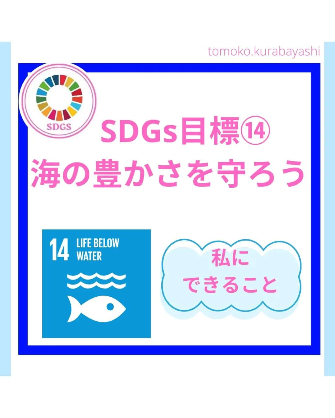 倉林知子のインスタグラム：「だいぶ間が空いてしまいましたが、目標⑭「海の豊かさも守ろう」の紹介です。  ❁.｡.:*:.｡.✽.｡.:*:.｡.❁.｡.:*:.｡.✽.｡.:*:.｡. ❁.｡.:*:.｡.✽.｡.: SDGsアナウンサーとして 主にSDGs関係の情報発信をしています→@tomoko.kurabayashi  オフィシャルウェブサイト(日本語) https://tomokokurabayashi.com/  Official website in English https://tomokokurabayashi.com/en/  🌎️SDGs関係のことはもちろん 🇬🇧イギリスのこと (5年間住んでいました) 🎓留学、海外生活のこと (イギリスの大学を卒業しています) 🎤アナウンサー関係のこと (ニュースアナウンサー、スポーツアナウンサー、プロ野球中継リポーター、アナウンサーの就職活動、職業ならではのエピソードなど)etc  扱って欲しいトピックなどありましたら気軽にコメントどうぞ😃 ❁.｡.:*:.｡.✽.｡.:*:.｡.❁.｡.:*:.｡.✽.｡.:*:.｡. ❁.｡.:*:.｡.✽.｡.: #イギリス #留学 #アナウンサー #フリーアナウンサー #局アナ #バイリンガル #マルチリンガル #英語 #フランス語 #SDGsアナウンサー #SDGs #海の豊かさも守ろう」