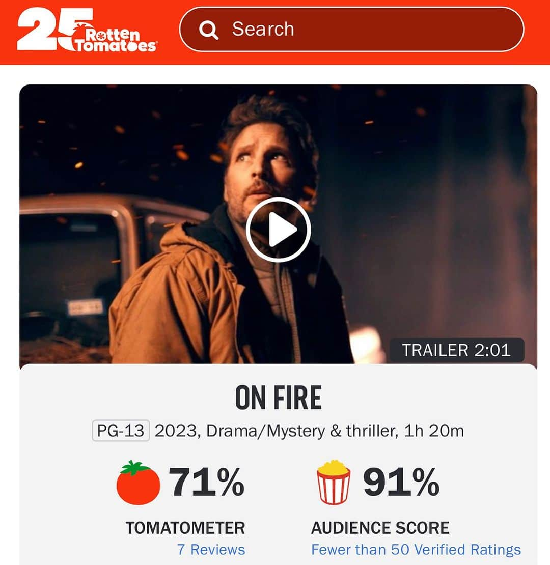 ピーター・ファシネリのインスタグラム：「So Happy people are enjoying #onfire🔥  5/7 critics give it a thumbs up. And 91 percent of the audience loved it. If you haven’t seen it in theaters check it out at a theater near you. Onfiremovie.com for listings. 🔥🔥🔥」