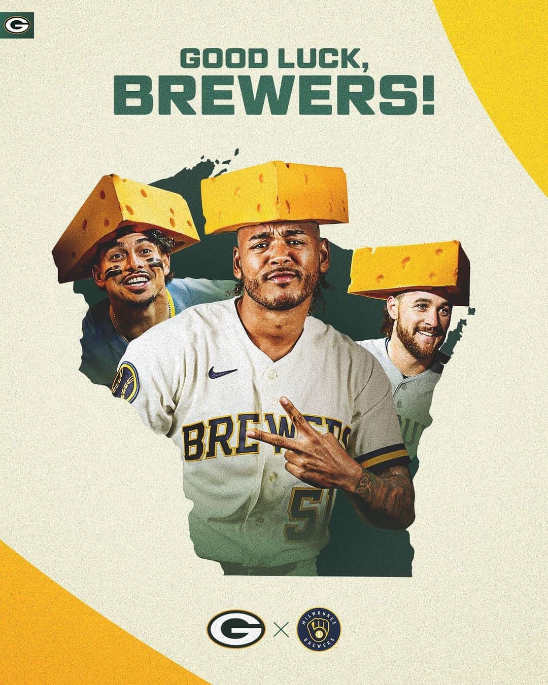 ミルウォーキー・ブルワーズのインスタグラム：「You gotta love a team with a cheesehead. Good luck in the postseason, @brewers! 🧀 ⚾  #GoPackGo ✖️ #BrewedForBattle」