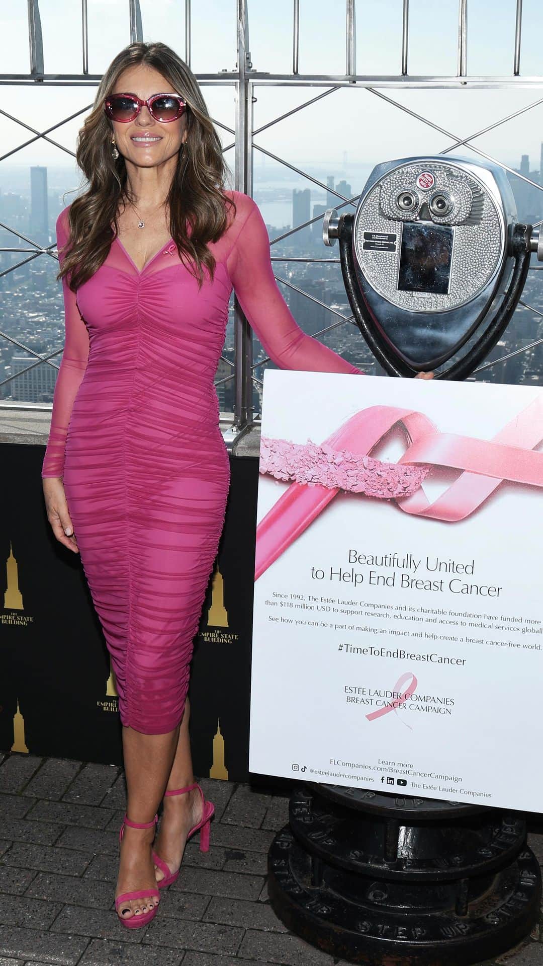 エリザベス・ハーレイのインスタグラム：「More from the magical pink lighting of @empirestatebldg for @esteelaudercompanies Breast Cancer campaign. I’m joined by my old friend William Lauder 💗💗💗💗」