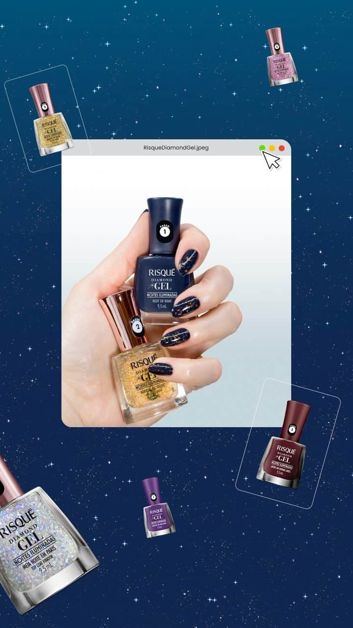 Risqueのインスタグラム：「Comente com um ✨ se você tá pronta pra brilhar na noite.   É pra se jogar no palco e cantar muito com o combo Night em Miami + Top Coat Karaokê em Tóquio de Risqué Diamond Gel Noites Iluminadas.  #RisquéDiamondGel #RisquéNoitesIluminadas #EsmaltesRisqué #RisquéOficial #TáNasNossasMãos」