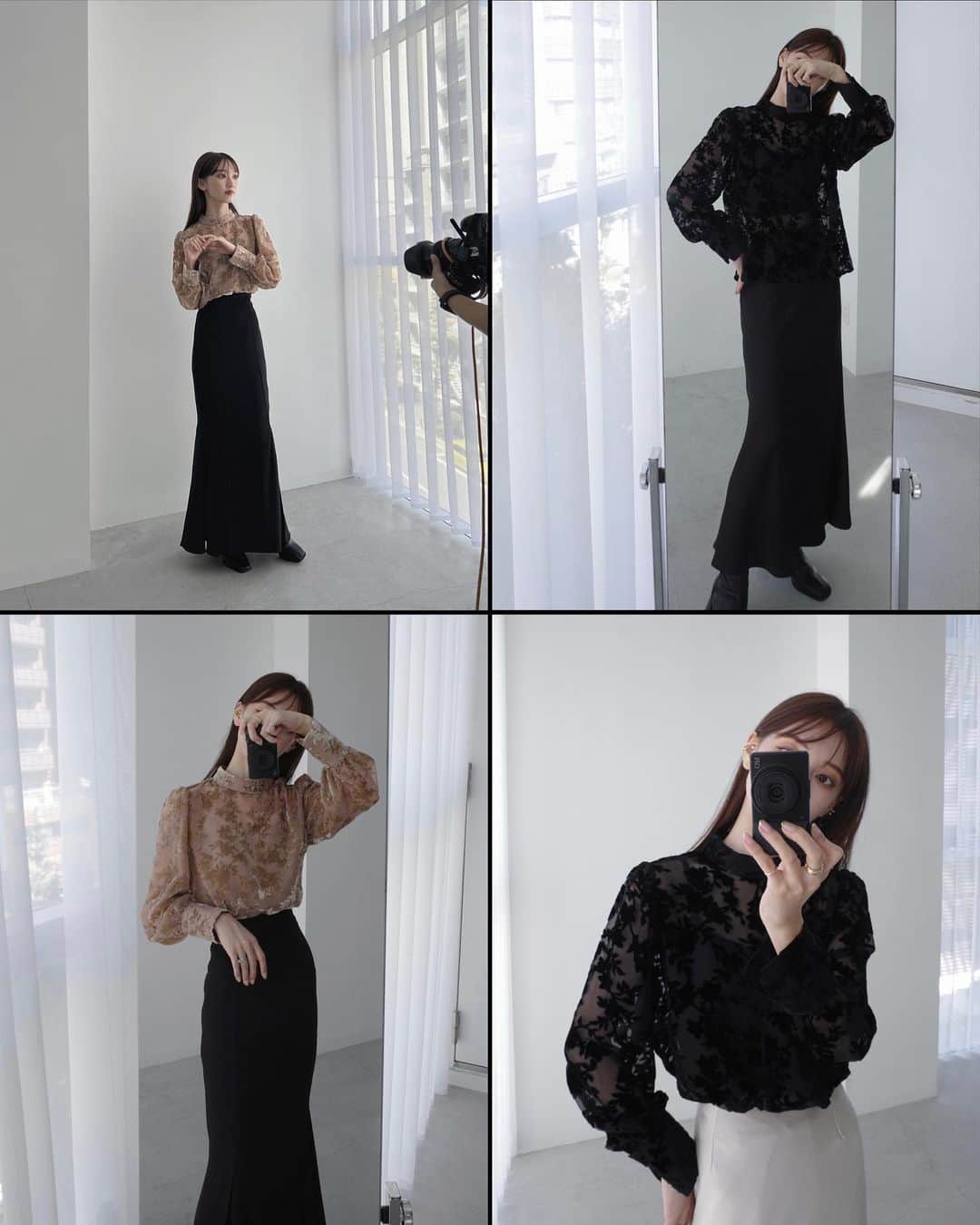 石元歩唯さんのインスタグラム写真 - (石元歩唯Instagram)「@amel_official__ velvet jacquard blouse / black,beige 10/4-  ベルベット生地のジャガード柄が秋らしさを感じるシアーフロッキー素材のブラウス。  スタンドカラーとパフスリーブでクラシカルな印象もあり、デイリーからオケージョンまで活躍する1着です♡  新商品ページも公開されたので是非チェックしてみて下さい☺️」10月3日 21時59分 - 518aichi