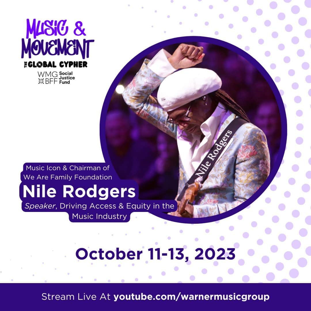 ナイル・ロジャースのインスタグラム：「Mic Check. One. Two. 🎤 Excited to pass the mic with leaders in the social justice, philanthropic and entertainment sectors at Warner Music Group / Blavatnik Family Foundation Social Justice Fund’s (@warnermusic) 2nd Annual Grantee Convening!   Join us in NYC from October 11-13 at #TheGlobalCypher as we ignite bold conversations that advance our shared work to dismantle systemic racism and exchange our visions for sustainable movement-building.   In-person events are only open to WMG/BFF SJF grantee partners. Select panel discussions will be livestreamed at youtube.com/warnermusicgroup. 🌎   #SJFGlobalCypher #SocialJusticeNow #MusicAndMovement」