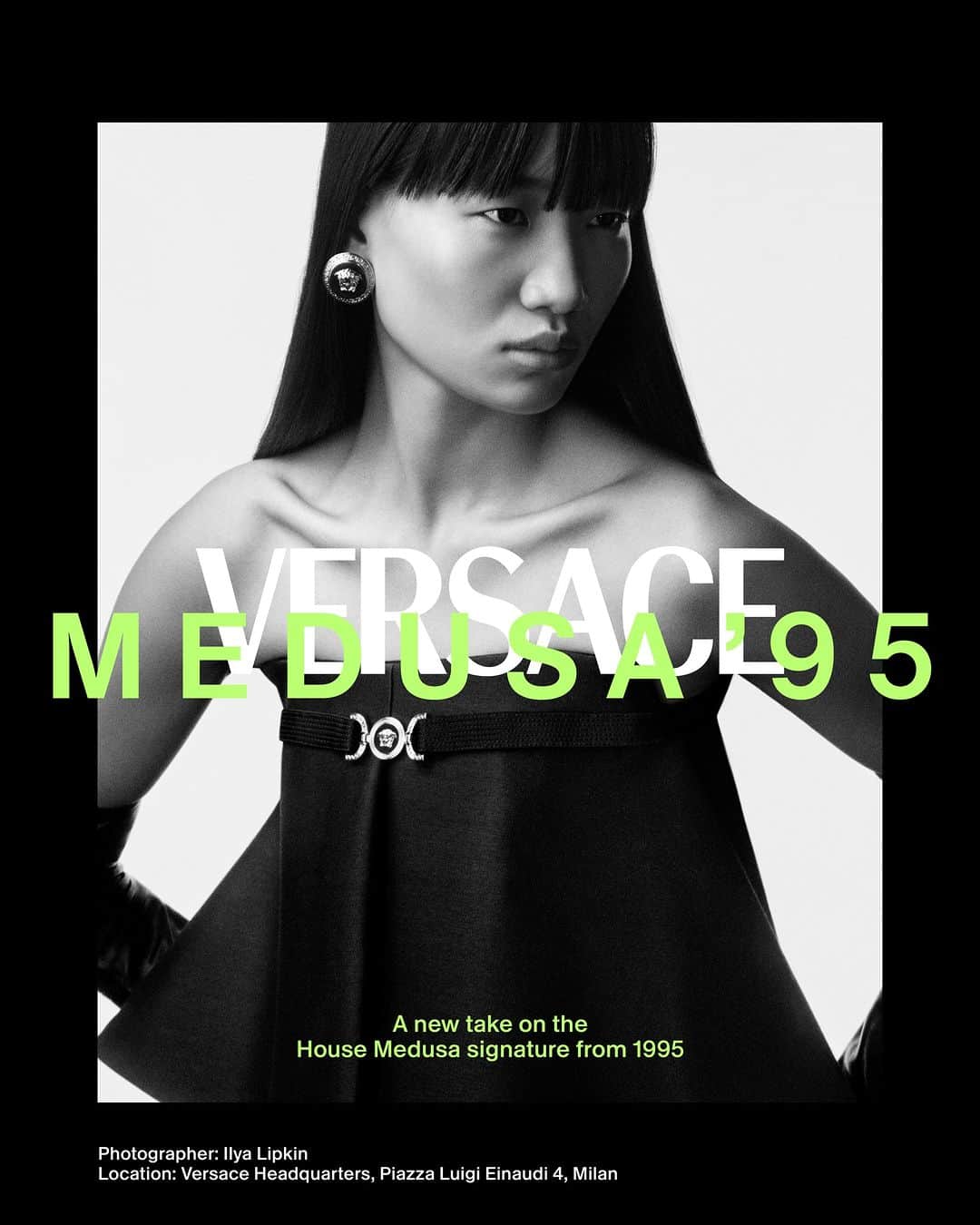 ジャンニヴェルサーチのインスタグラム：「Medusa '95  Luo wears Medusa '95 bustier top  Photography by Ilya Lipkin  #VersaceFW23」
