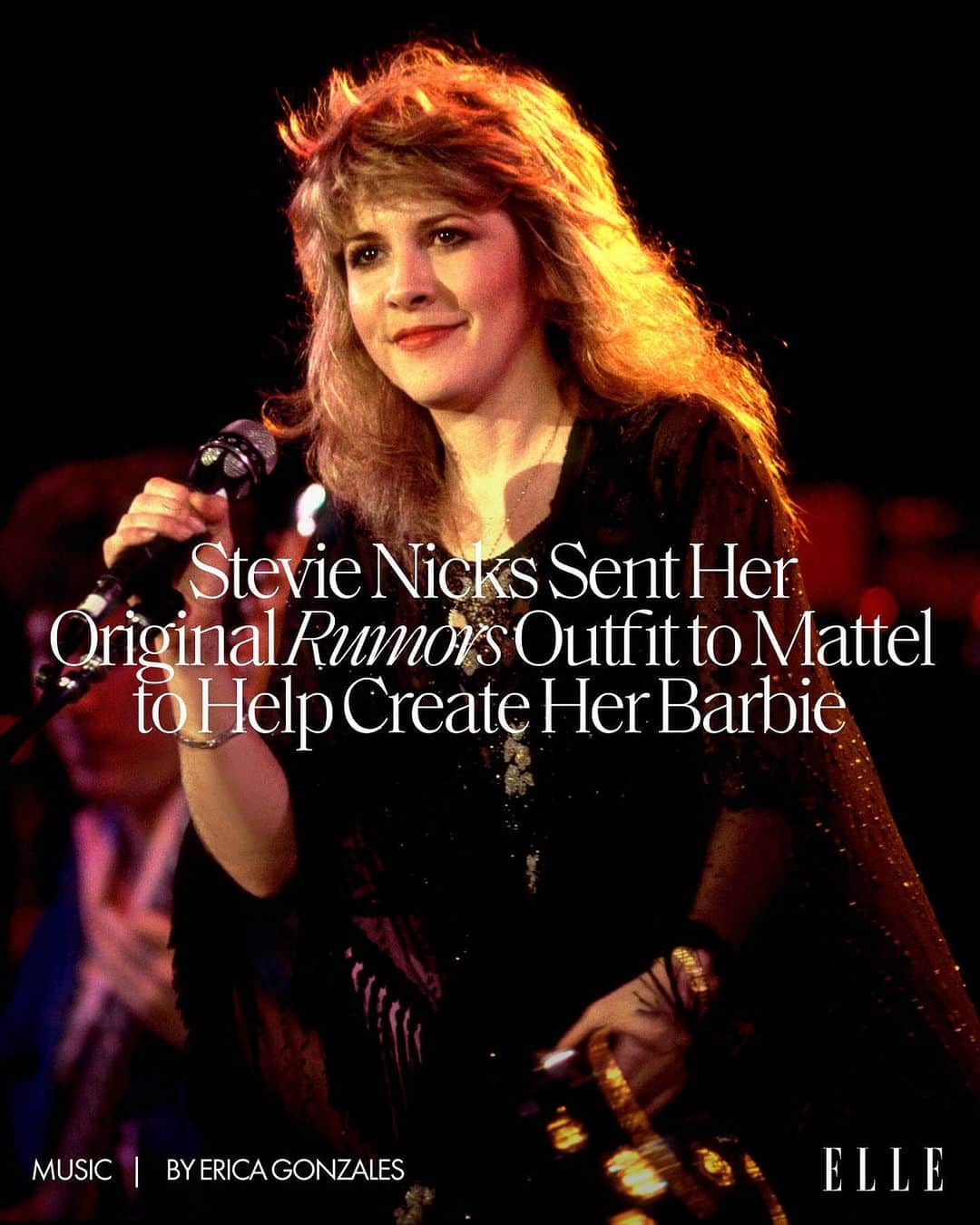 ELLE Magazineのインスタグラム：「#StevieNicks now has her own Barbie and she’s wearing the singer’s iconic outfit from Fleetwood Mac’s ‘Rumors’ album cover. Nicks actually lent the original ensemble—a French silk chiffon look by Margi Kent and 1977 handmade Italian boots by Di Fabrizio—to Mattel for reference. “I sent them the boots, which I would never ever let out of my sight before, and the outfit. I said, ‘This is it. This is the whole package.’”  At the link in bio, the music legend talks to ELLE.com (via her flip phone) about bringing her Barbie with her on tour, her longevity, and what she thought of the Barbie movie.」