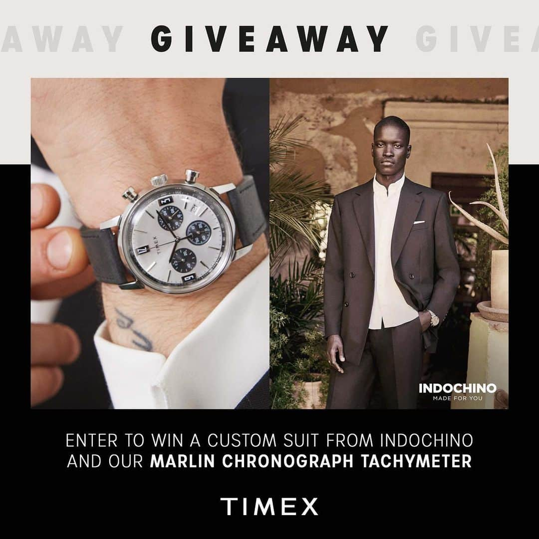 タイメックスのインスタグラム：「It's time to suit up. ⁣ ⁣ For a limited time, enter to win a custom, made-to-measure Indochino suit and our new Marlin Chronograph Tachymeter watch—the perfect combination to suit any occasion (a $679 value). ⁣ ⁣ To enter: ⁣ 1. Follow @Timex⁣⁣⁣⁣⁣ and @Indochino 2. Tag a friend in the comments⁣⁣⁣⁣⁣ 3. Share this post to Stories for bonus points⁣⁣⁣⁣⁣ ⁣4. Don't fall for scams! There are no winner selection accounts. ⁣  𝘈𝘭𝘭 𝘦𝘯𝘵𝘳𝘪𝘦𝘴 𝘢𝘳𝘦 𝘴𝘶𝘣𝘫𝘦𝘤𝘵 𝘵𝘰 𝘚𝘱𝘰𝘯𝘴𝘰𝘳’𝘴 𝘛𝘦𝘳𝘮𝘴 𝘢𝘯𝘥 𝘊𝘰𝘯𝘥𝘪𝘵𝘪𝘰𝘯𝘴, 𝘸𝘩𝘪𝘤𝘩 𝘤𝘢𝘯 𝘣𝘦 𝘧𝘰𝘶𝘯𝘥 𝘢𝘵 timex.com/pages/social-sweepstakes. 1 𝘸𝘪𝘯𝘯𝘦𝘳 𝘸𝘪𝘭𝘭 𝘣𝘦 𝘢𝘯𝘯𝘰𝘶𝘯𝘤𝘦𝘥 𝘰𝘯 October 23rd 𝘪𝘯 𝘰𝘶𝘳 𝘚𝘵𝘰𝘳𝘪𝘦𝘴. ⁣⁣⁣⁣⁣ ⁣⁣⁣⁣⁣ Good luck! ⁣⁣⁣⁣⁣ ⁣⁣ #timex #Indochino #MyIndochino #suitstyle #newwatch #giveaway」