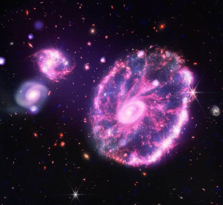 NASAのインスタグラム：「It’s October 3rd. 📝 🩷  It may not be Wednesday, but the Cartwheel galaxy is still wearing pink! This version of one of @NASAWebb’s early images combines its infrared data with X-rays collected by @chandraxray, giving a more detailed view!  Image credits: X-ray: NASA/CXC; IR: NASA/ESA/CSA/STScI  Image description: An image of the Cartwheel galaxy, a neon pink disk with an outer ring, and a solid, slightly off-center spiraling core. Linking the smooth core and the irregular outer ring are wispy pink plumes of silicate dust which resemble twisted spokes on a bicycle wheel. At the upper left of the image are two companion galaxies, also pink in color. In this image the companion galaxies appear to be about the same size as the core of the Cartwheel galaxy. One companion galaxy is shaped like a backwards S, and is marked by bright white dots and tangles of fine crinkly lines. Below it, the second companion galaxy appears delicate and smooth, like a faded swirl of cotton candy.」