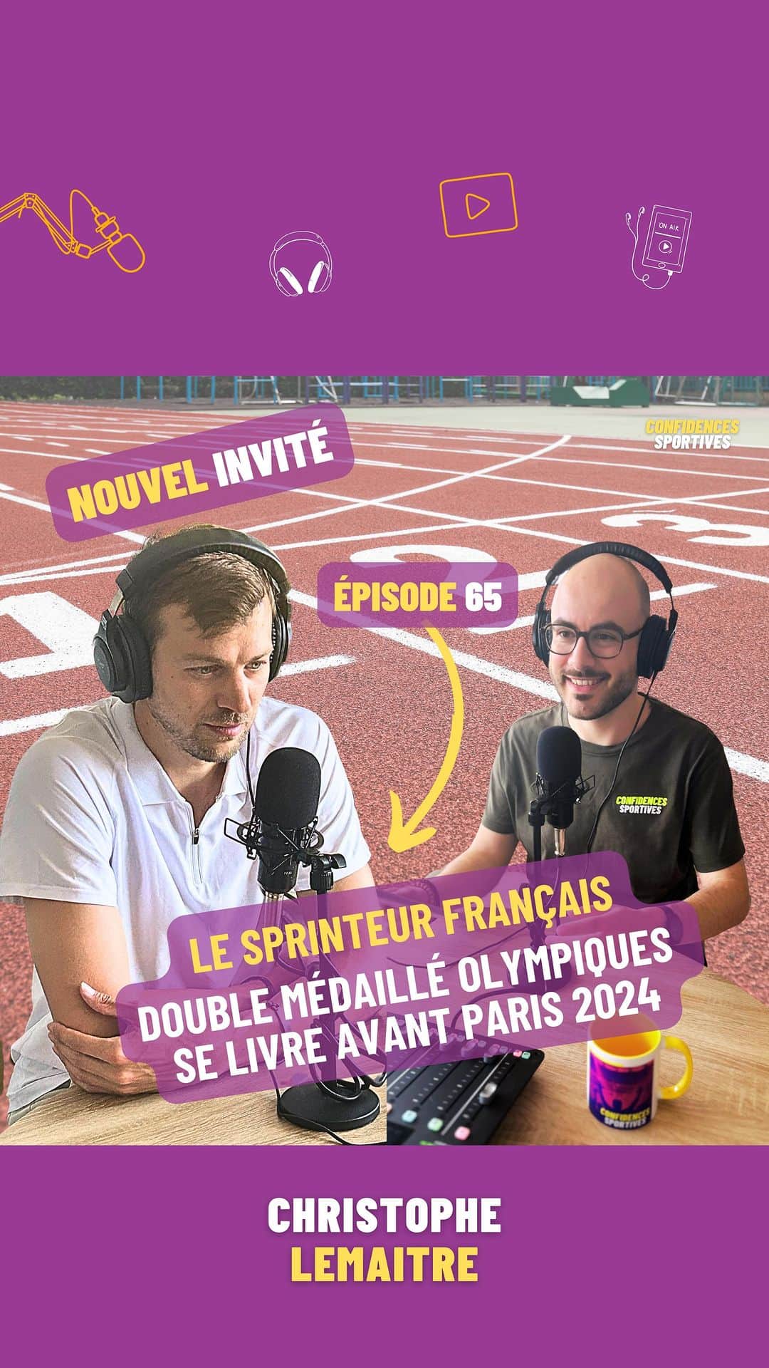 クリストフ・ルメートルのインスタグラム：「🚨 INVITÉ EXCEPTIONNEL  🎙️ @christophe_lemaitre_officiel vous donne rendez-vous   🎧 Le sprinteur se livre sans concession  🔗 Épisode disponible ce jeudi 5 octobre   #podcast #athletisme #sprint #christophelemaitre #confidencesportives #metz #moselle #paris2024 #annecy #aixlesbains #usainbolt #equipedefrance  #medaillesolympiques #souvenirs #interview」