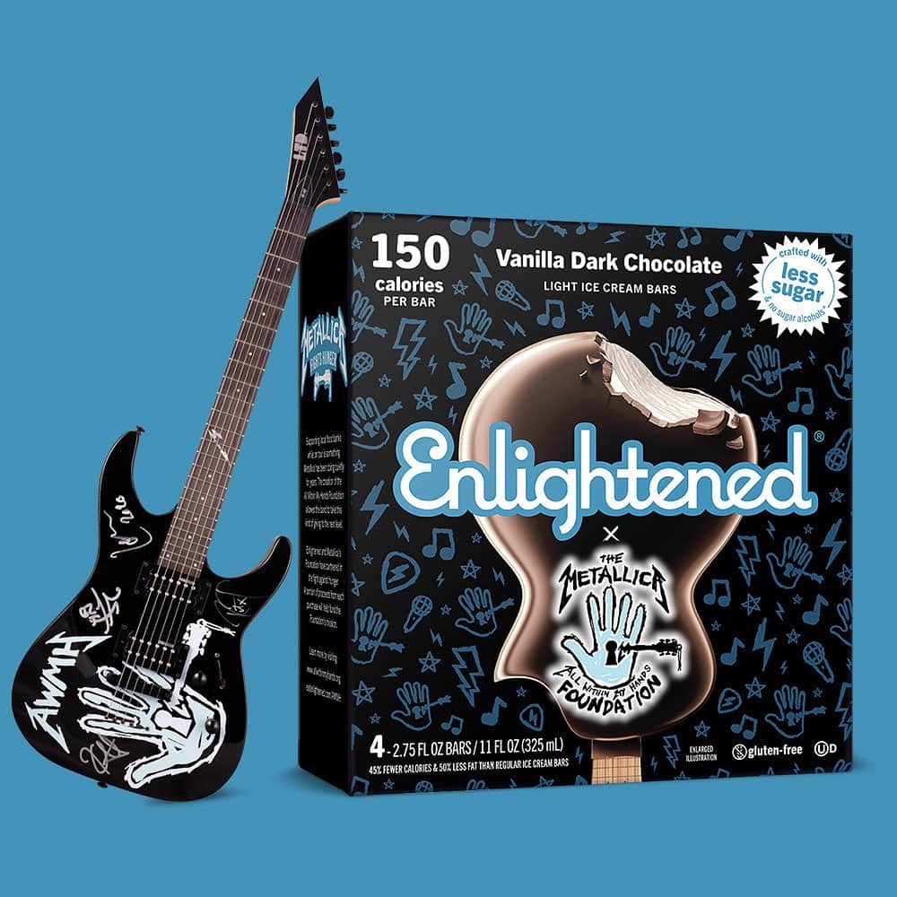 メタリカのインスタグラム：「As part of the recent #AWMH x @eatenlightened collaboration, the ice cream company is hosting a sweeps for this custom autographed @espguitars LTD AWMH Guitar signed by all four members of @metallica!  Visit eatenlightened.com/awmh (link in bio) to enter to win and to find a box of Enlightened Guitar Bars in a participating freezer section near you!」