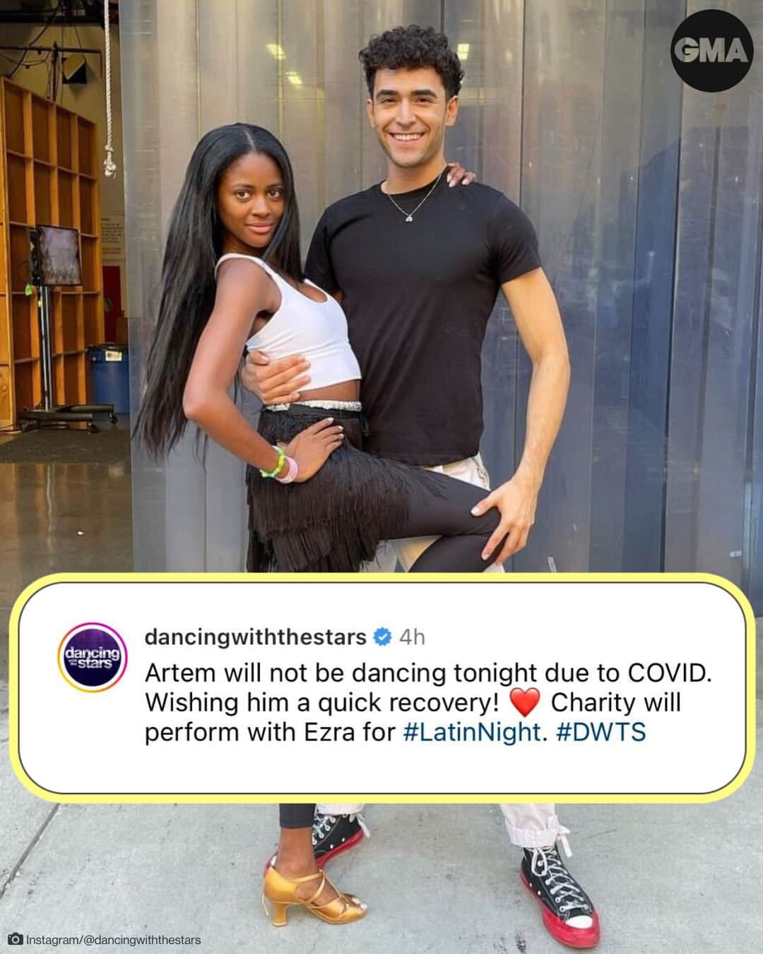 Good Morning Americaさんのインスタグラム写真 - (Good Morning AmericaInstagram)「Artem Chigvintsev won't be competing on @dancingwiththestars Tuesday night after testing positive for COVID-19.  The show's official Instagram page shared the news earlier today, wishing the longtime pro "a quick recovery" and revealing that his season 32 celebrity partner, "Bachelorette" alum Charity Lawson, will perform with Ezra Sosa this week.  MORE at the link in bio.」10月4日 5時24分 - goodmorningamerica