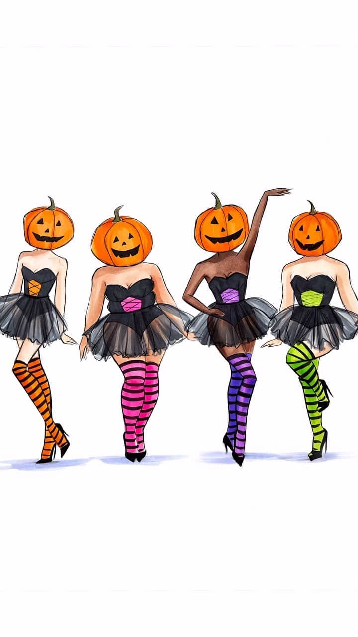 Holly Nicholsのインスタグラム：「Pumpkin Party 💕 #asmr #halloween #fashionillustration #asmr #copic #illustration #spookyseason #pumpkinhead」