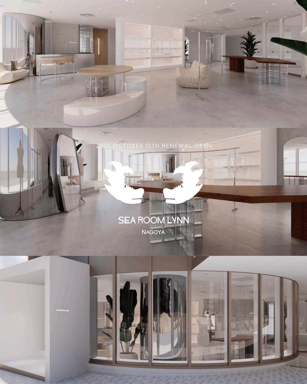 SeaRoomlynnさんのインスタグラム写真 - (SeaRoomlynnInstagram)「. ▪️NAGOYA PARCO RENEWAL OPEN◾️ ⁡ 10月12日(木)名古屋PARCO店が2Fから1Fに区画移動しリニューアルオープンいたします！ ⁡ ⁡ 広々とした別荘のような開放感と、ギャラリーのスタイリッシュさを融合させ、洗練された雰囲気を生み出す空間デザインを提案。 ⁡ モルタル壁や床、ガラスブロックやステンレスの要素にソリッドな質感を感じさせながら、完全な開放感をいかした曲線的なレイアウトの導入により空間に流動的な美しさを。 白とハーフトーンのカラースキームは空間に調和をもたらし、無垢板のディスプレイ天板など自然素材のアクセントと植物の配置により自然の魅力を加えた空間となっております。 ⁡ ⁡ ______________________________________ ⁡ ⁡ オープンを記念いたしまして限定企画をご用意いたしました✔︎ ⁡ ⁡ 【LIMITED NOVELTY】 ・￥33,000(税込)以上お買い上げのお客様へ 「トラベルポーチ」をプレゼント ⁡ ・お買い上げの方に名古屋PARCO店限定オリジナルショッパーをプレゼント ⁡ ⁡ 【先行発売】 ・スラッシュカットストレートワンピース ・Mould soleサイドゴアロングブーツ ⁡ ⁡ 【PR STAFF VISIT EVENT】 オープン当日の10月12(木) 14:00～18:00頃ディレクターとPRスタッフが来店 ⁡ ⁡ ※ノベルティはお一人様1点まで無くなり次第終了となります。 ※当日ご来場されたお客様の状況に応じて、整理券の配布、または入場制限をさせていただく場合がございますので予めご了承ください。 ※リニューアルオープン初日は混雑が予想される為お取り置きは出来かねます。翌日以降お問い合わせください。 ⁡ ⁡  みなさまのご来店を心よりお待ちいたしております。 ⁡ ⁡ ⁡ Sea Room lynn 名古屋 PARCO 〒460-0008 愛知県名古屋市中区栄3-29-1 名古屋 PARCO 西館 1F (10:00 - 21:00 / 不定休) ⁡ Sea Room lynn Nagoya PARCO 3-29-1 WEST1F Sakae, Naka-ku, Nagoya-shi, Aichi, 460-0008, Japan (Open: 10:00 - 21:00) ⁡ ⁡ ⁡ #searoomlynn #シールームリン #名古屋PARCO #リニューアルオープン #名古屋 #nagoya  #renewal」10月4日 11時59分 - searoomlynn_official