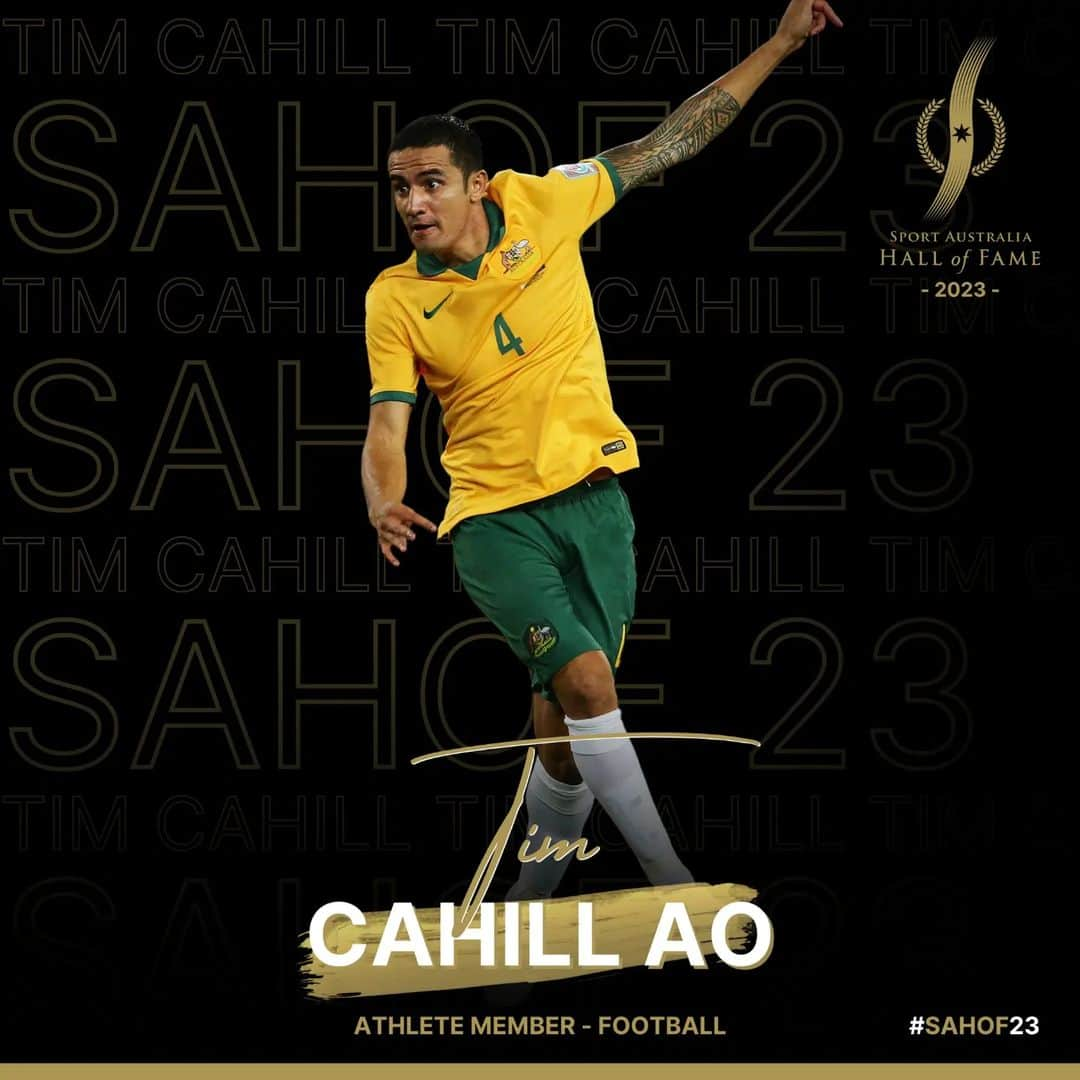 ティム・ケーヒルのインスタグラム：「Massive honour to be inducted into the "AUSTRALIAN SPORTS HALL OF FAME"  As a kid my dream was to play football on the biggest stage and represent my family and country.   Many thanks to my family, coaches, team mates, football clubs i played for and the fans that have shared this special journey.  Reposted from @sportaushof Congratulations to the only Socceroo to play at four FIFA World Cups, Tim Cahill AO, who has today been announced as a 2023 Inductee into the Sport Australia Hall of Fame.  Tim Cahill AO is an illustrious former Socceroo who represented the nation at a remarkable four FIFA World Cup finals during an international career spanning 15 years. Cahill is the all-time leading goal-scorer for Australia, with 50 in 108 games between 2004 and 2018. He was the first Australian to score at a FIFA World Cup. Cahill scored in three World Cups (2006, 2010, 2014), making him the top Australian goal-scorer at the World Cup with a total of five. Since retiring from football, Cahill’s charitable endeavours include serving as an ambassador for UNICEF and an ambassador for Heartbeat of Football, an Australian organisation that promotes heart health through football.   "I was extremely honoured and excited when I received the call from John. To be joining such an incredible group of athletes from across the history of Australian sport makes me feel both proud and grateful to all those who helped me in my career, especially my family.” – Tim Cahill AO  #SAHOF」