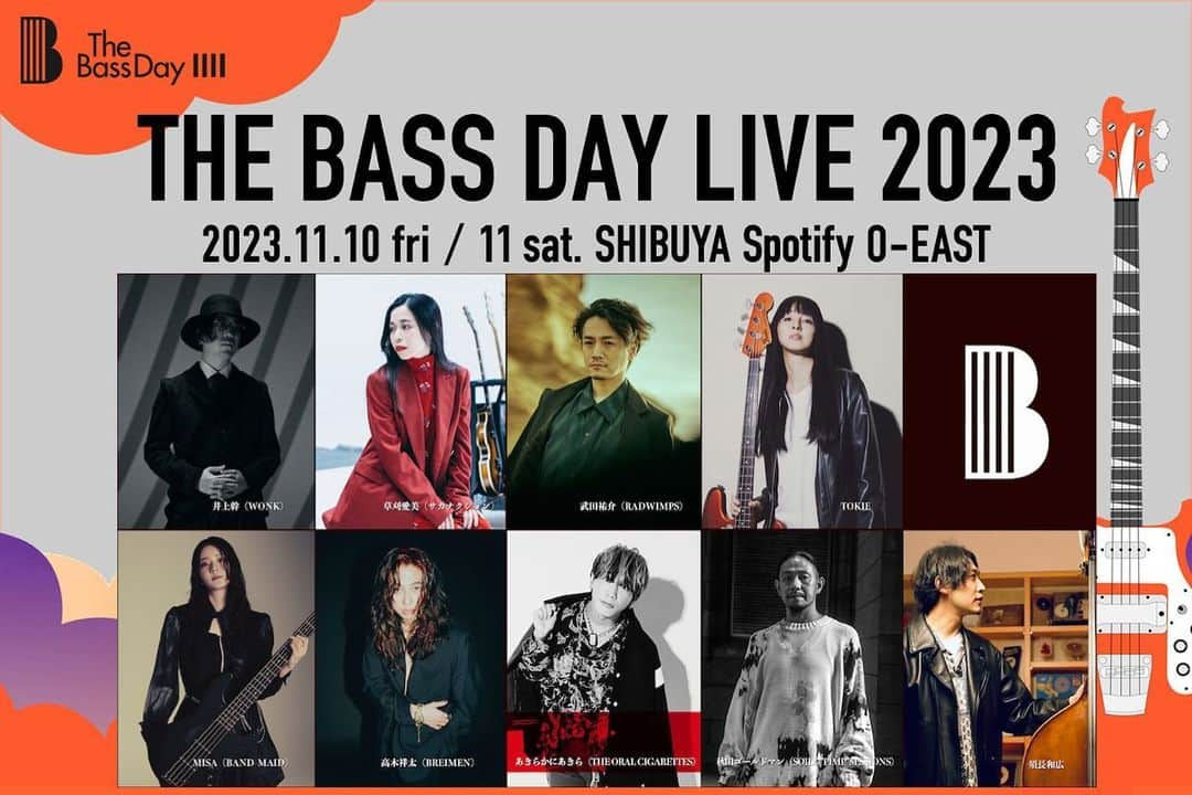 J-WAVE LIVE2000のインスタグラム：「11/10、11に「THE BASS DAY LIVE 2023」開催決定！豪華ベーシストが集結！ あきらかにあきら（THE ORAL CIGARETTES）／草刈愛美（サカナクション）／武田祐介（RADWIMPS）／高木祥太（BREIMEN）／MISA（BAND-MAID）／須長和広／TOKIE／井上幹（WONK）／秋田ゴールドマン（SOIL&"PIMP"SESSIONS）MCはクリス・ペプラーが2日間登場。 J-me最速先行受付スタートhttps://www.j-wave.co.jp/topics/entry_basslive23/ #ベースの日 #RADWIMPS #武田祐介 #BKW #theoralcigarettes #あきらかにあきら #サカナクション #草刈愛美 #BREIMEN #高木祥太  #WONK #井上幹　#BANDMAID #MISA #SOIL&PIMPSESSIONS #秋田ゴールドマン #TOKIE #須長和広」