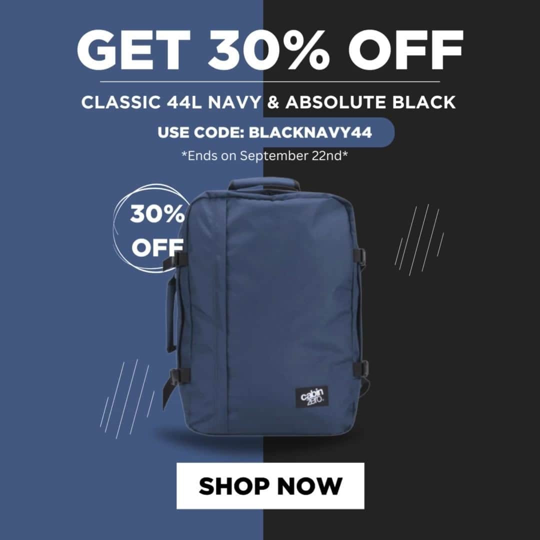 CABINZEROのインスタグラム：「Use code: BLACKNAVY44 to get 30% off the Classic backpack in Absolute Black and Navy 44L. Don't miss out on this amazing deal! Grab your backpack now and carry your essentials in style.  🛍 Link in bio  #CabinZero #Travel #backpack #packing #Zerohassletravel」