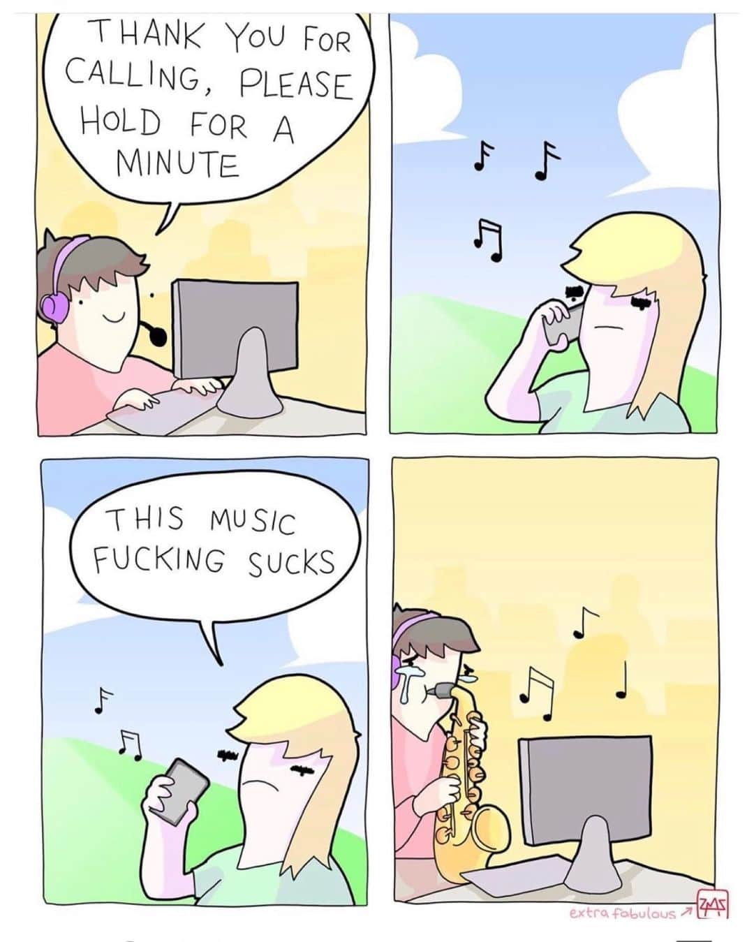 9GAGさんのインスタグラム写真 - (9GAGInstagram)「saxophone player is sad ✍🏻 @extrafabulous_comics  - #comic #hold #phonecall #customerservice#callcenter #9gag」9月11日 2時00分 - 9gag