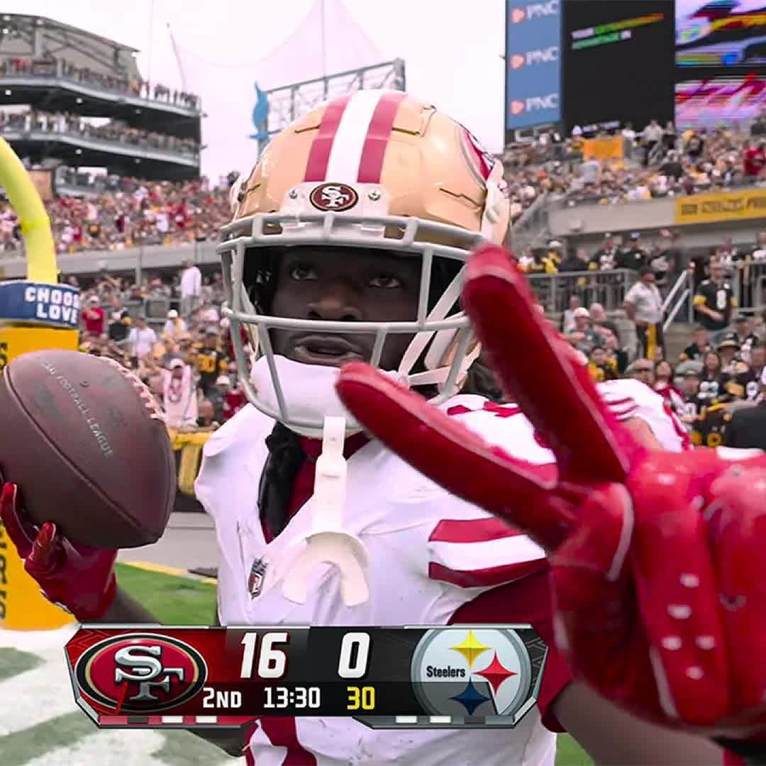 サンフランシスコ・フォーティナイナーズのインスタグラム：「Brandon Aiyuk has scored a TD in every quarter this season ✌️  📺: #SFvsPIT on FOX 📱: Stream on #NFLPlus」